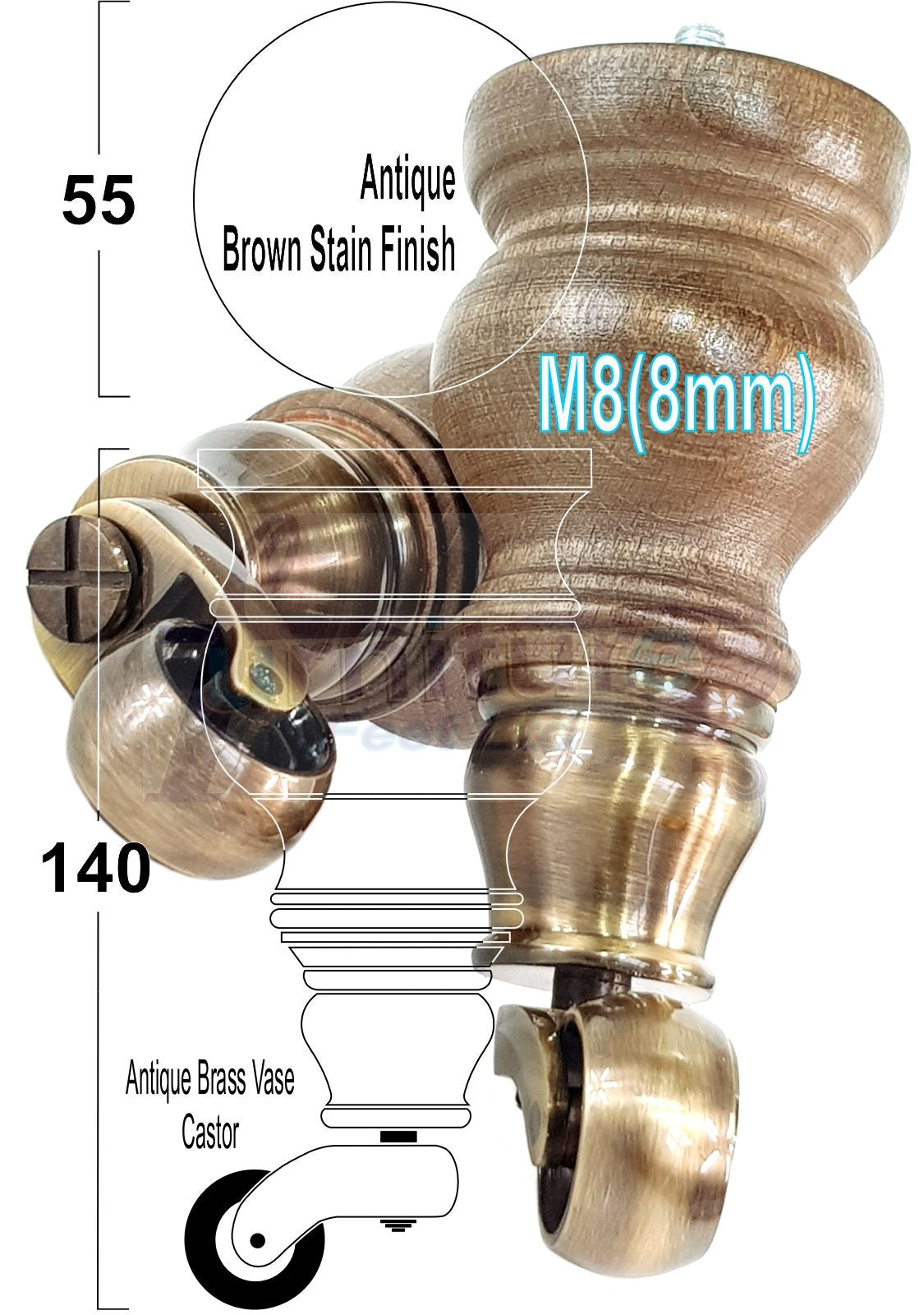 Set Of 4 Turned Wood Furniture Legs With 150mm High Castor 8mm Thread For Chairs Settees & Cabinets Antique Brown Stain