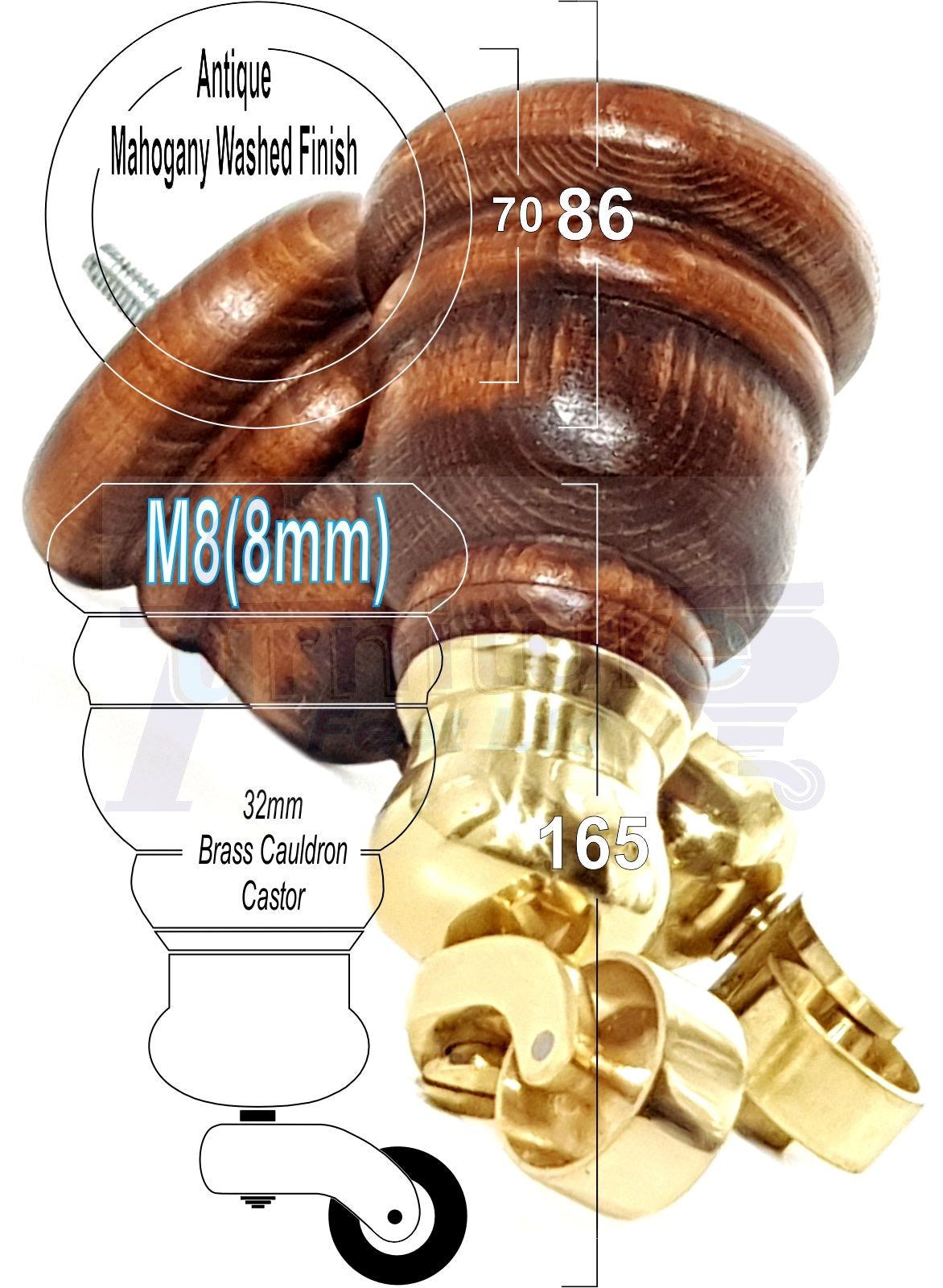 4 Turned Wood Furniture Feet With Brass Cauldron Castors 160mm Legs Sofas Chairs Stools Cabinets Beds M8 6 Inches