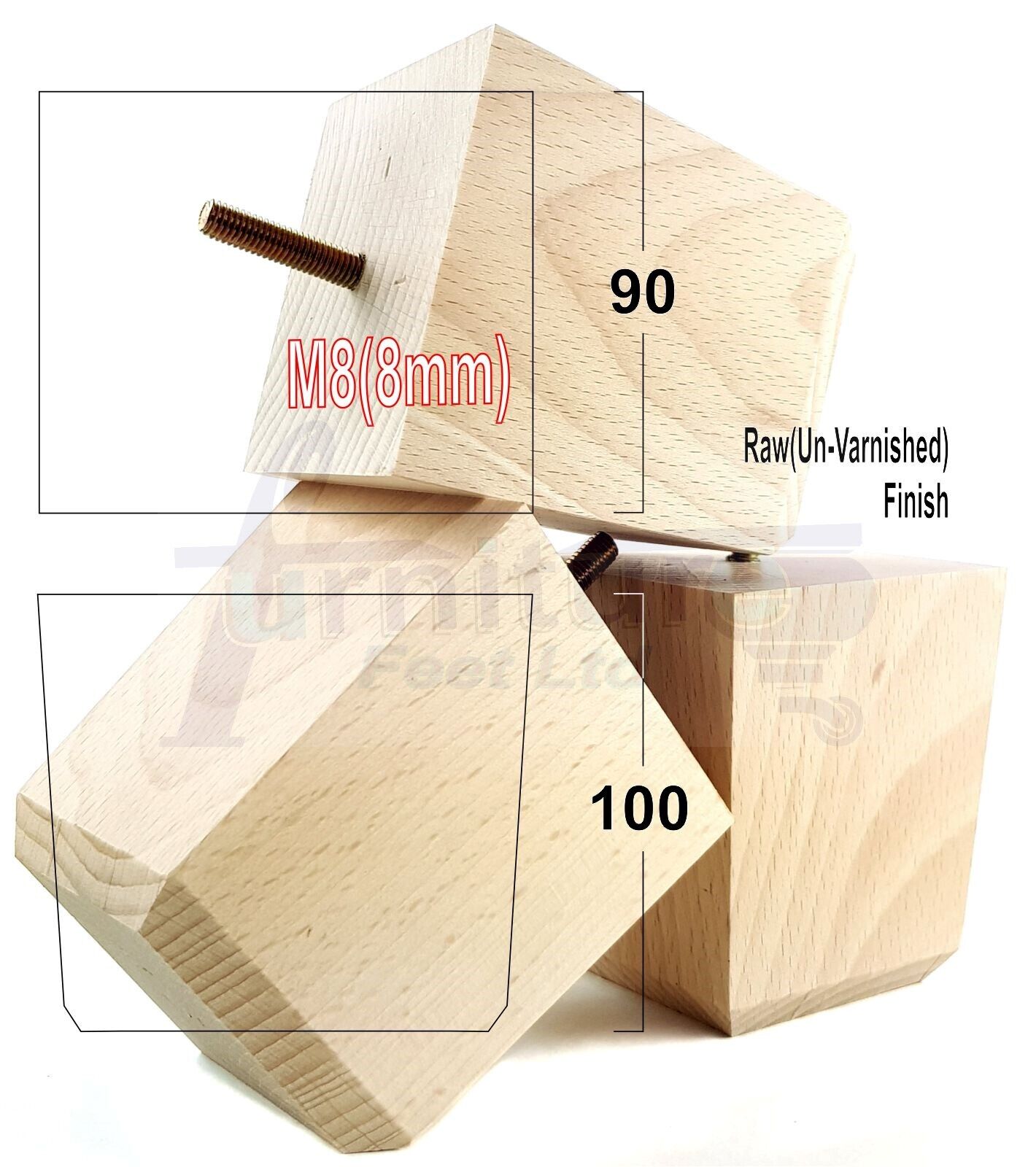4x Solid Wood Square Furniture Legs Block Replacement Feet 100mm M8(8mm)