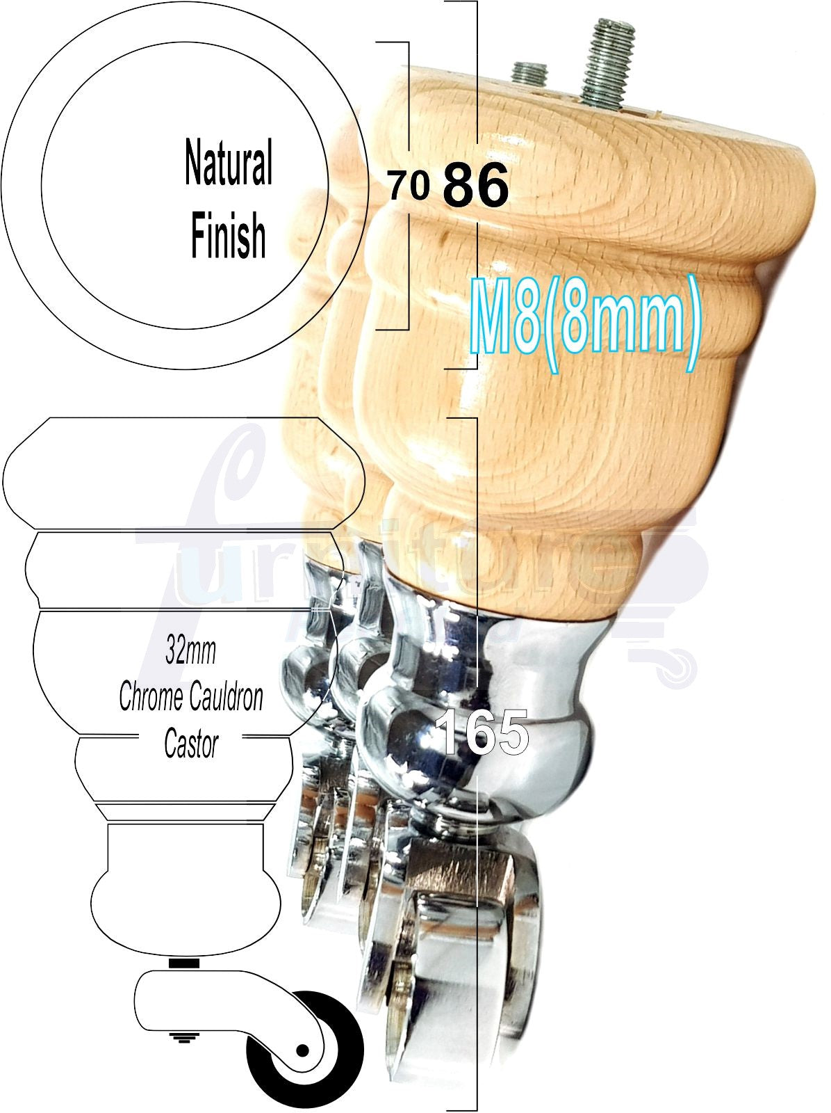4 Turned Wood Furniture Feet With Chrome Cauldron Castors 155mm Legs Sofas Chairs Stools Cabinets Beds M8 6 Inches