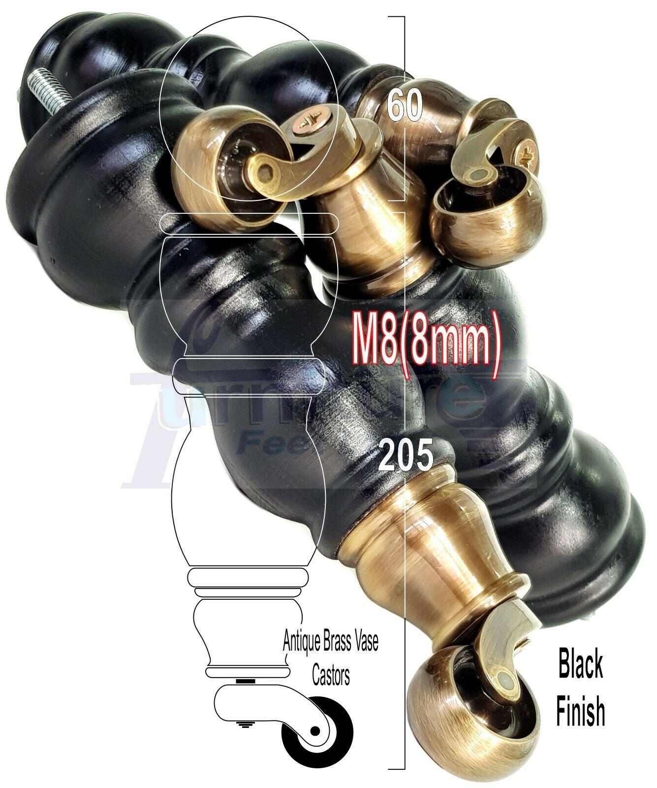 4x Furniture Feet With Castor 205mm High Legs Black Wood M8 Sofas Chairs Stools Cabinets 8 Inches Tall