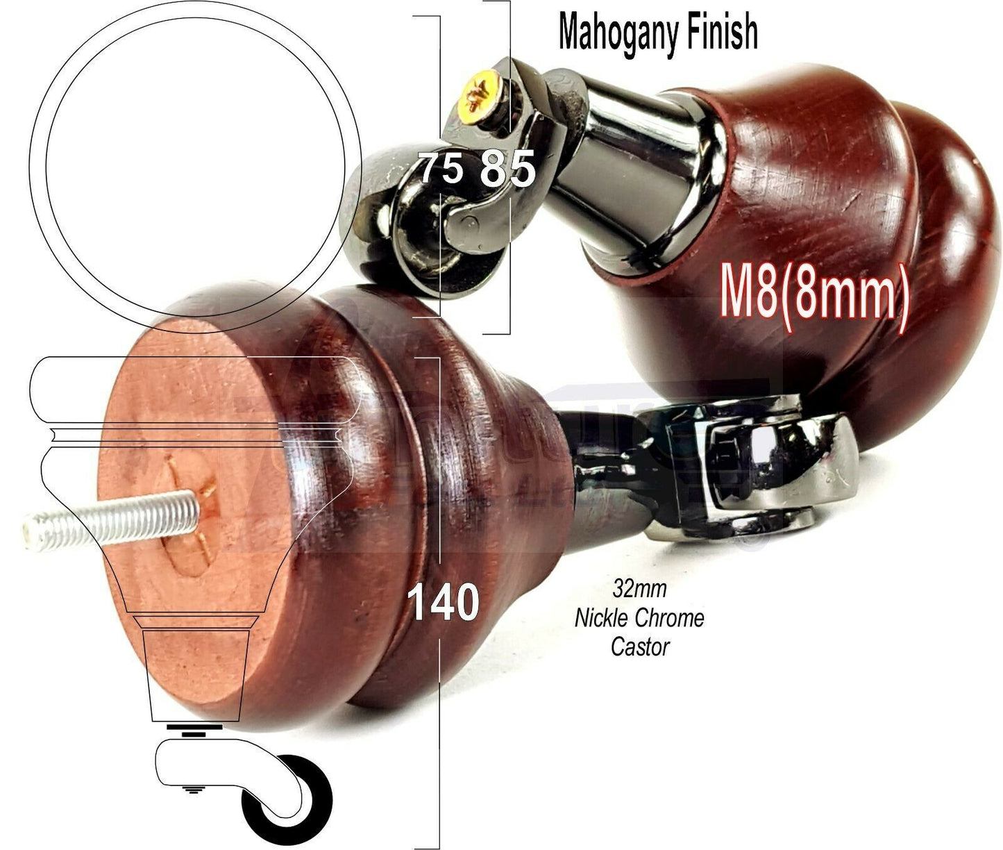 Set Of 2 Turned Furniture Wood Feet With Castors 140mm Sofas Chairs Settee Cabinets Beds M8(8mm)