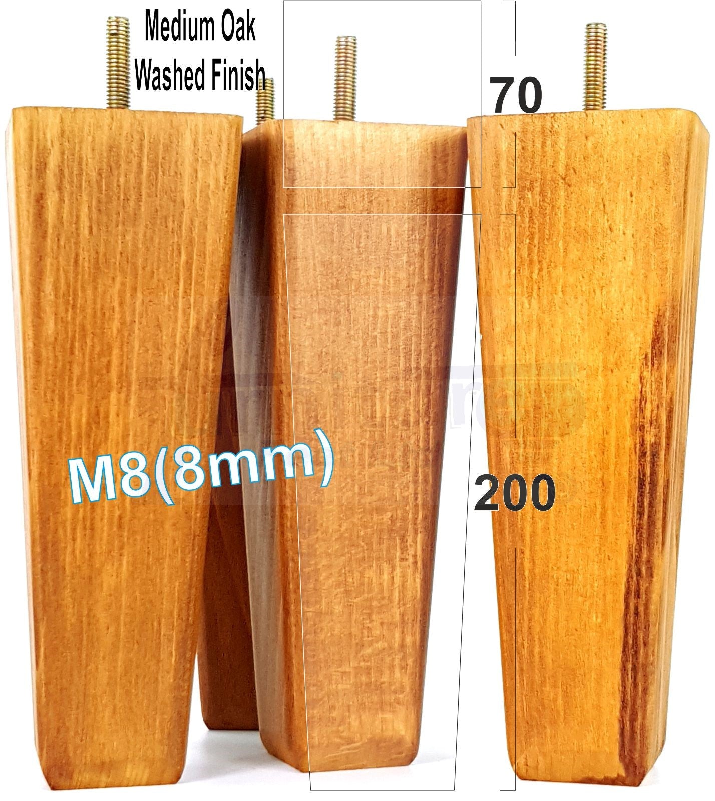 4x Wooden Furniture Legs 200mm High Replacement Square Tapered Feet 8mm Thread
