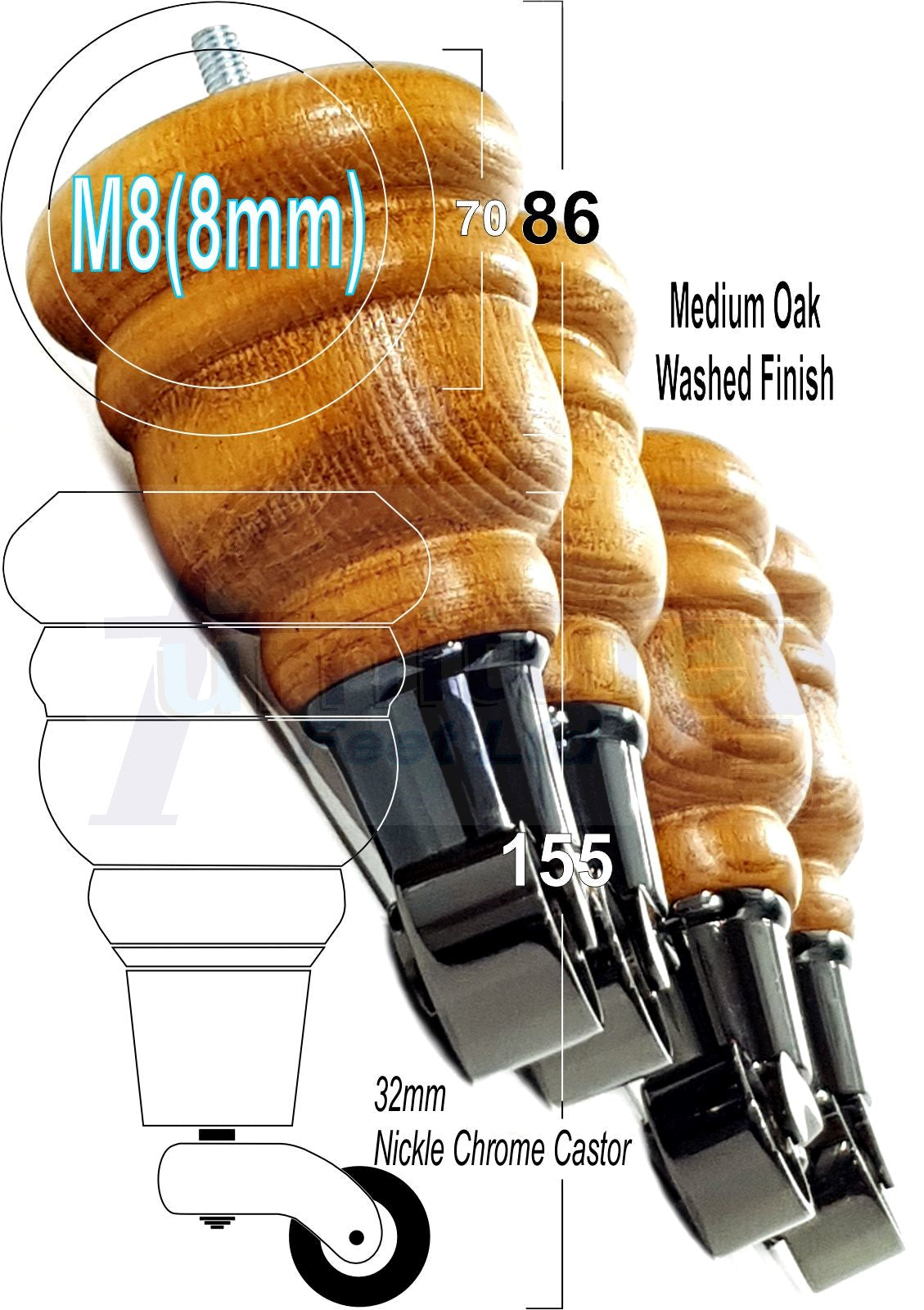 4 Turned Wood Furniture Feet With Black Chrome Castors 155mm Legs Sofas Chairs Stools Cabinets Beds M8 6 Inches