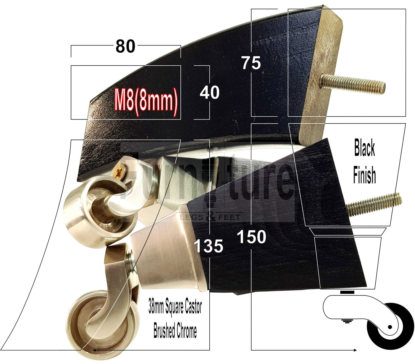 Set Of 4 Block Wood Castor Furniture Feet M8(8mm) For Chairs Cabinets Sofa 15cm High