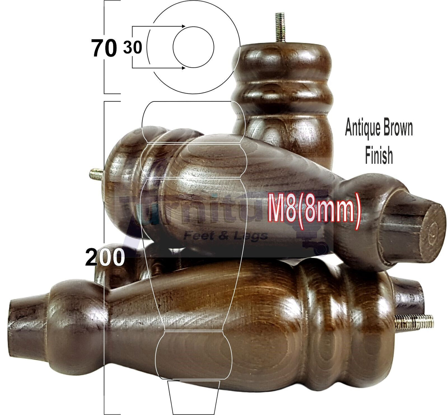 Set Of 4 Turned Furniture Legs Replacement Sofa Feet 200mm High M8 Thread