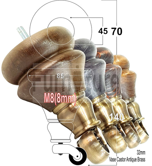 Set Of 4 Turned Furniture Wood Feet With Castors 140mm Sofas Chairs Settee Cabinets Beds M8(8mm)