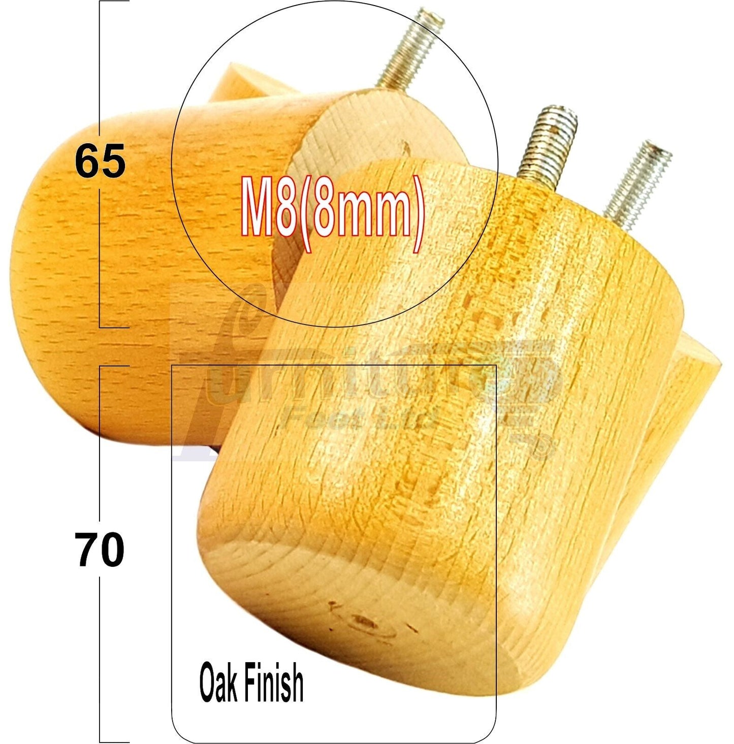 4x Solid Wood Turned Furniture Legs Replacement Bun Feet 70mm High 8mm Thread