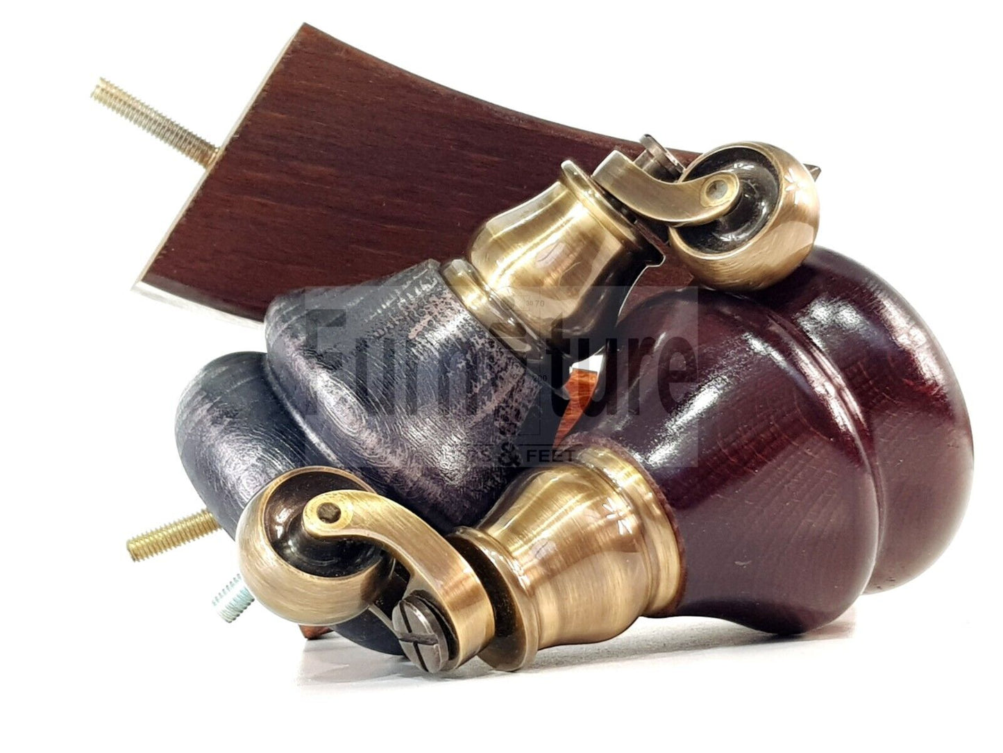 Turned Wood Furniture Feet 2 With Antique Brass Castors 140mm & 2 Curved Back Legs Sofas Chairs Beds 8mm