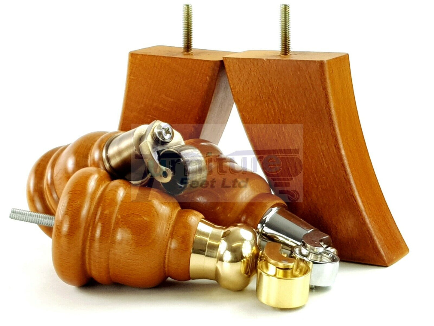 Turned Wood Furniture Feet Golden Oak 2 With Castors 155mm and 2 Curved Back Legs Sofas Chairs Stools Cabinets Beds M8 6 Inches