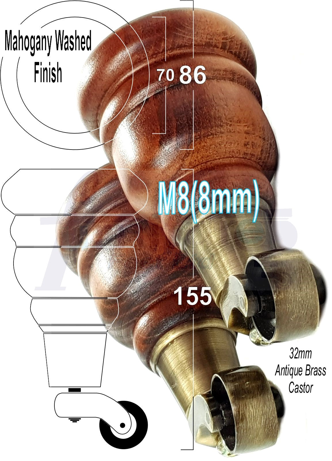 4 Turned Wood Furniture Feet With Antique Brass Castors 155mm Legs Sofas Chairs Stools Cabinets Beds M8 6 Inches