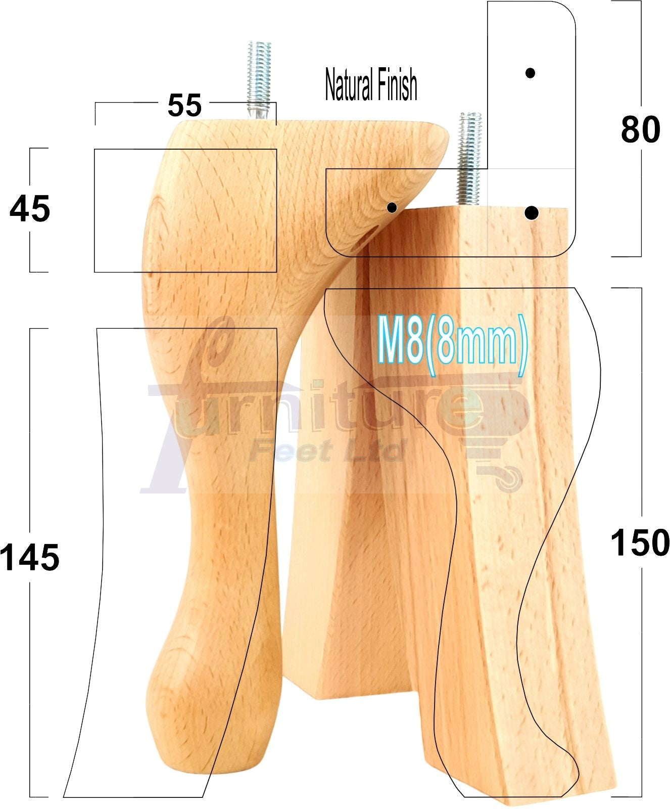 2x Vintage Queen Anne Replacement Furniture Legs & 2x Curved Back Feet 150mm 6 Inch High 8mm Thread