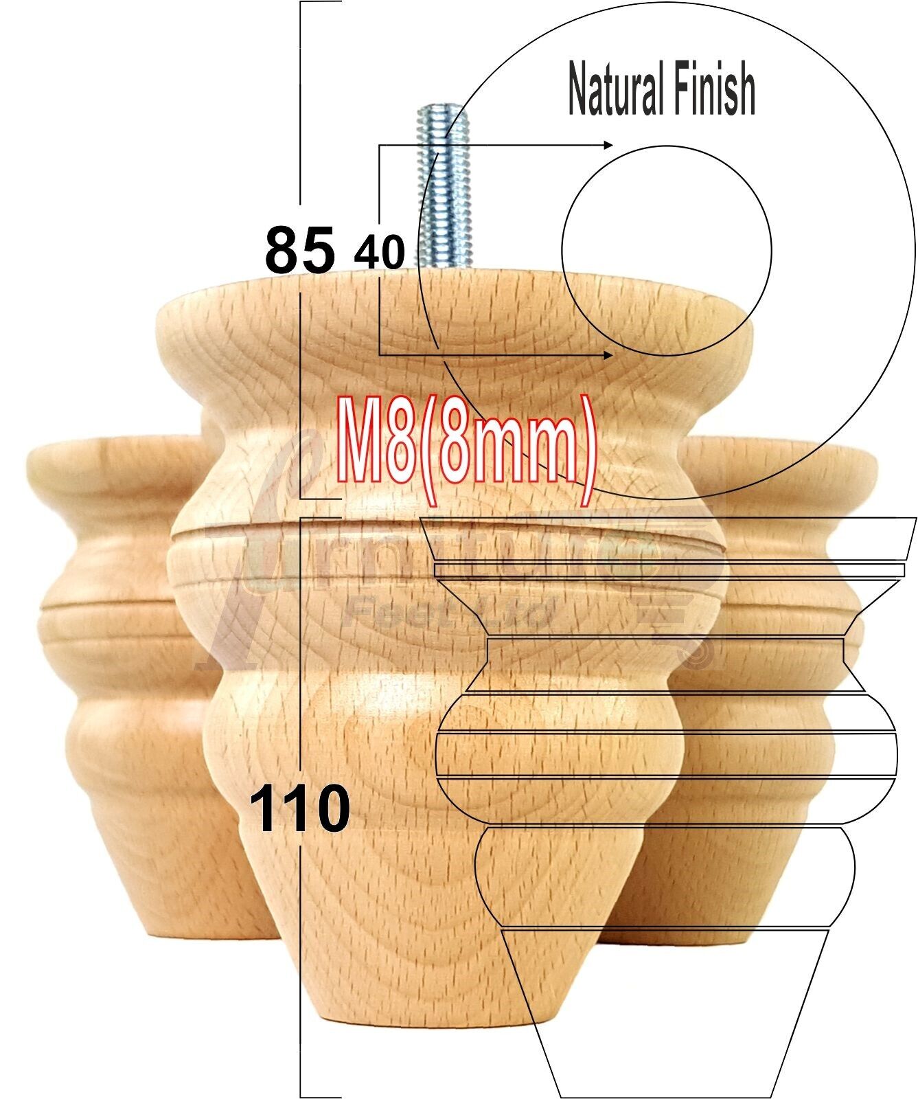 4x Turned Wood Furniture Legs Replacement Feet 110mm High Multiple Colours Chairs Stools Sofa's Beds Settee Cabinets M8