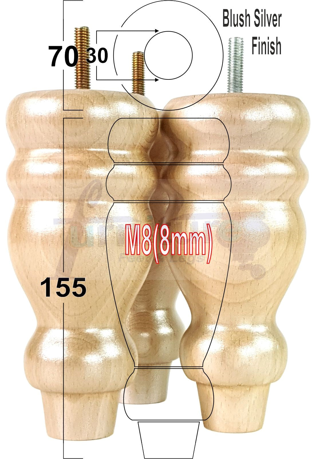 Set Of 4 Turned Wood Furniture Replacement Feet 155mm High 8mm Tread
