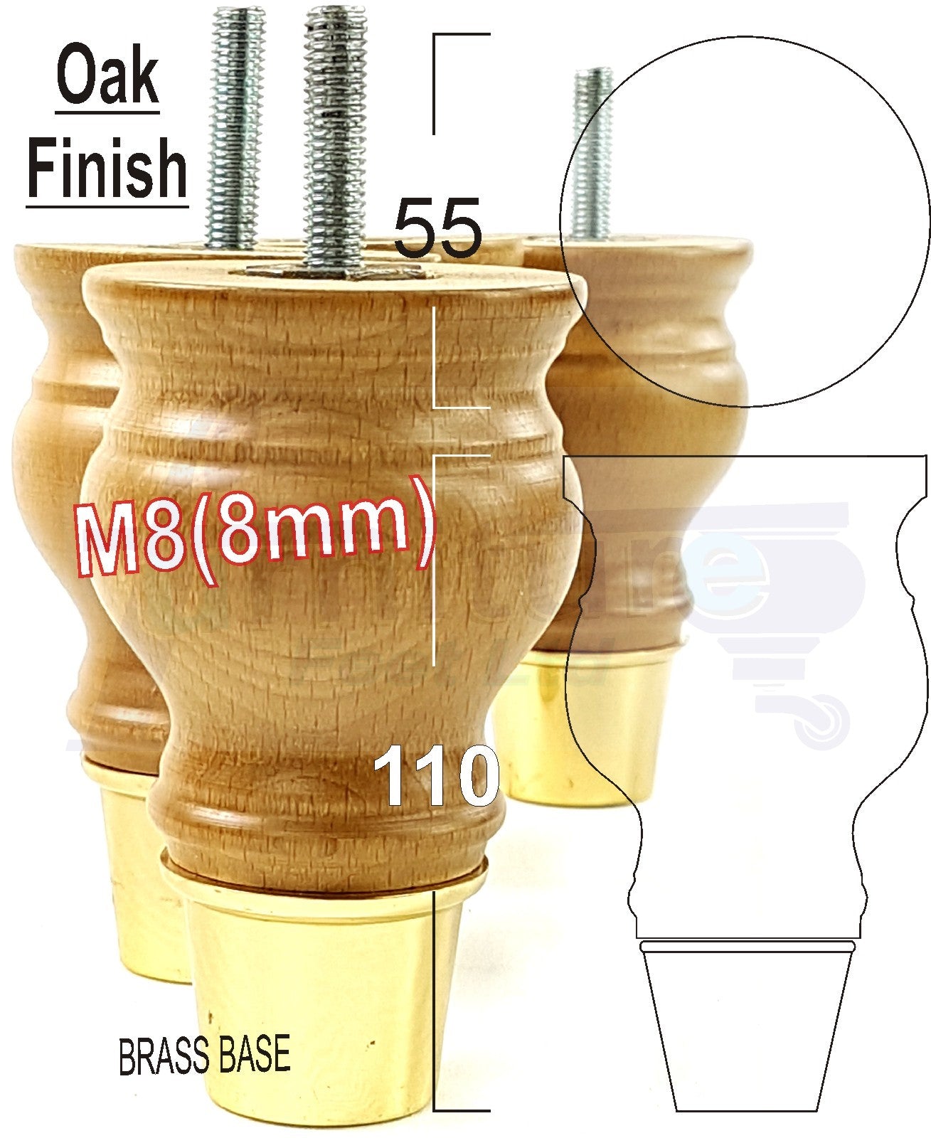 4x Turned Wood Furniture Feet M8(8mm) With Slipper Cup Chair Sofa Settee Legs 110mm