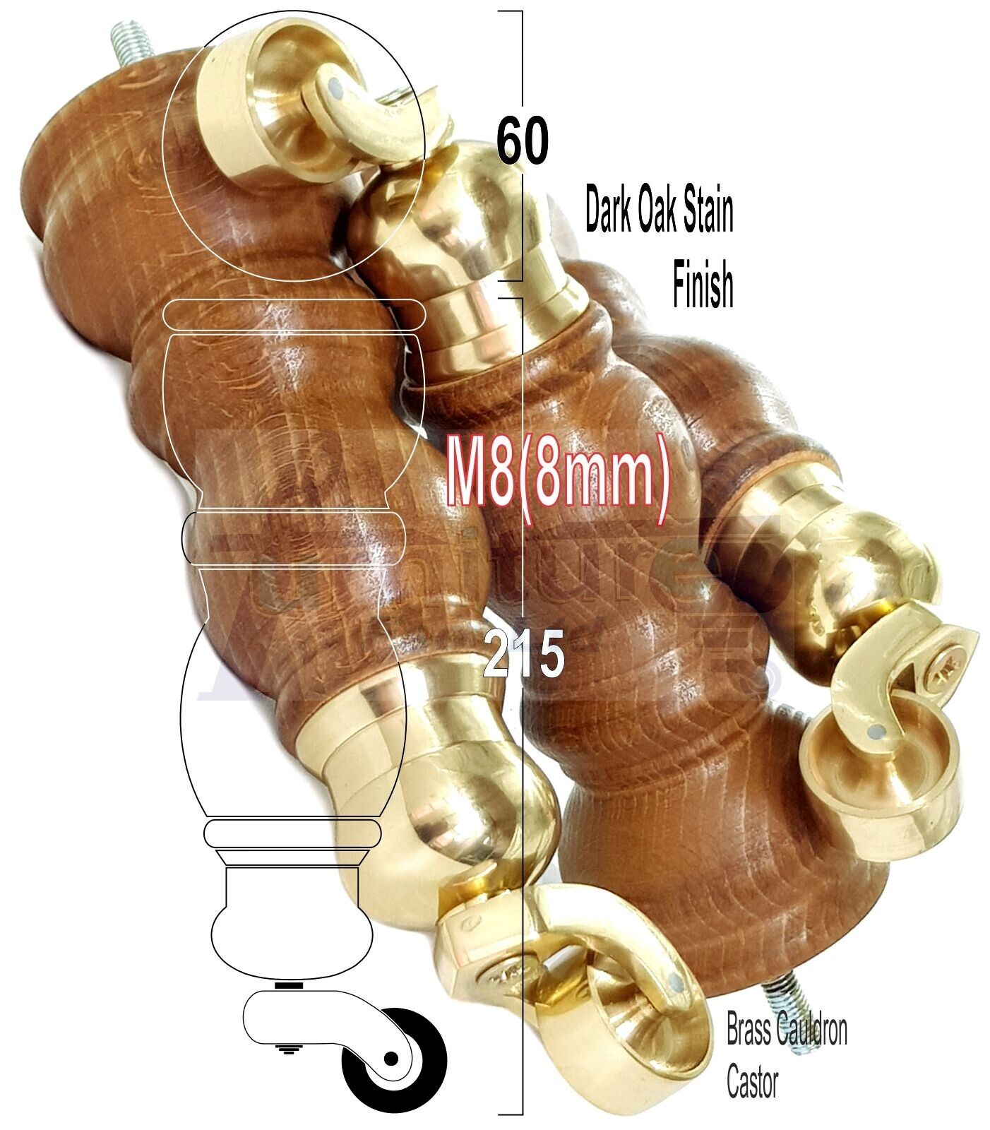 4x Furniture Feet With Castor 205mm High Legs Dark Oak Wood M8 Sofas Chairs Stools Cabinets 8 Inches Tall