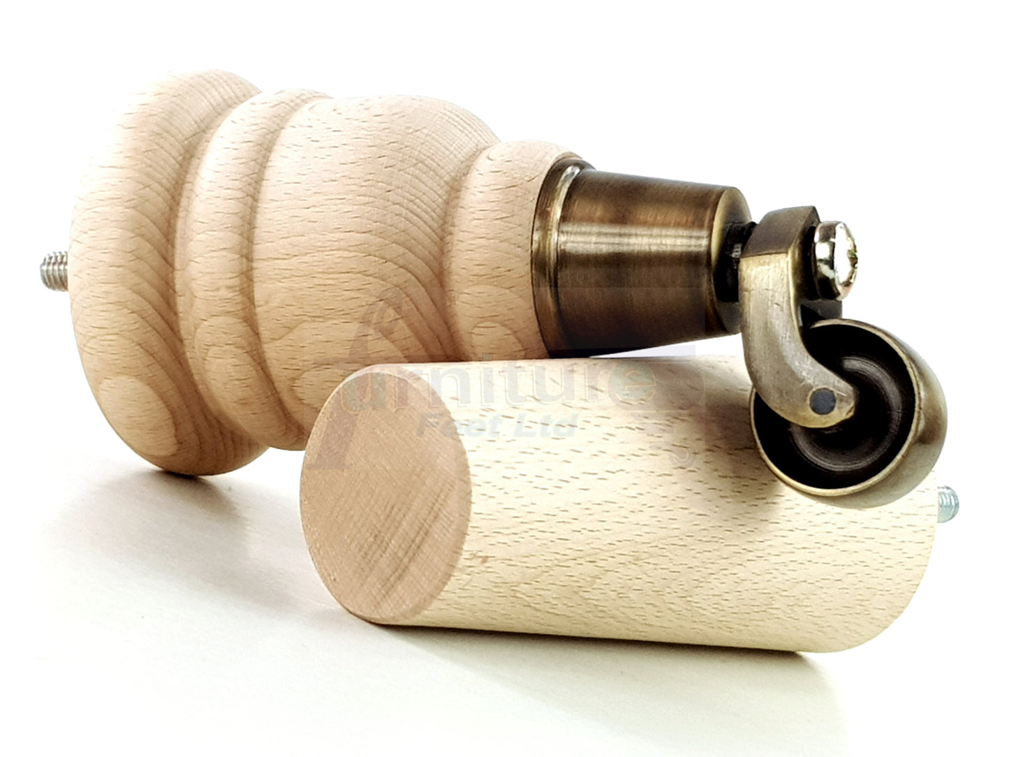 Raw Turned Wood Replacement Furniture Legs 2x with Antique Castors and 2x Angled Back Legs M8 Dowl Fitting 155mm High 6 Inches