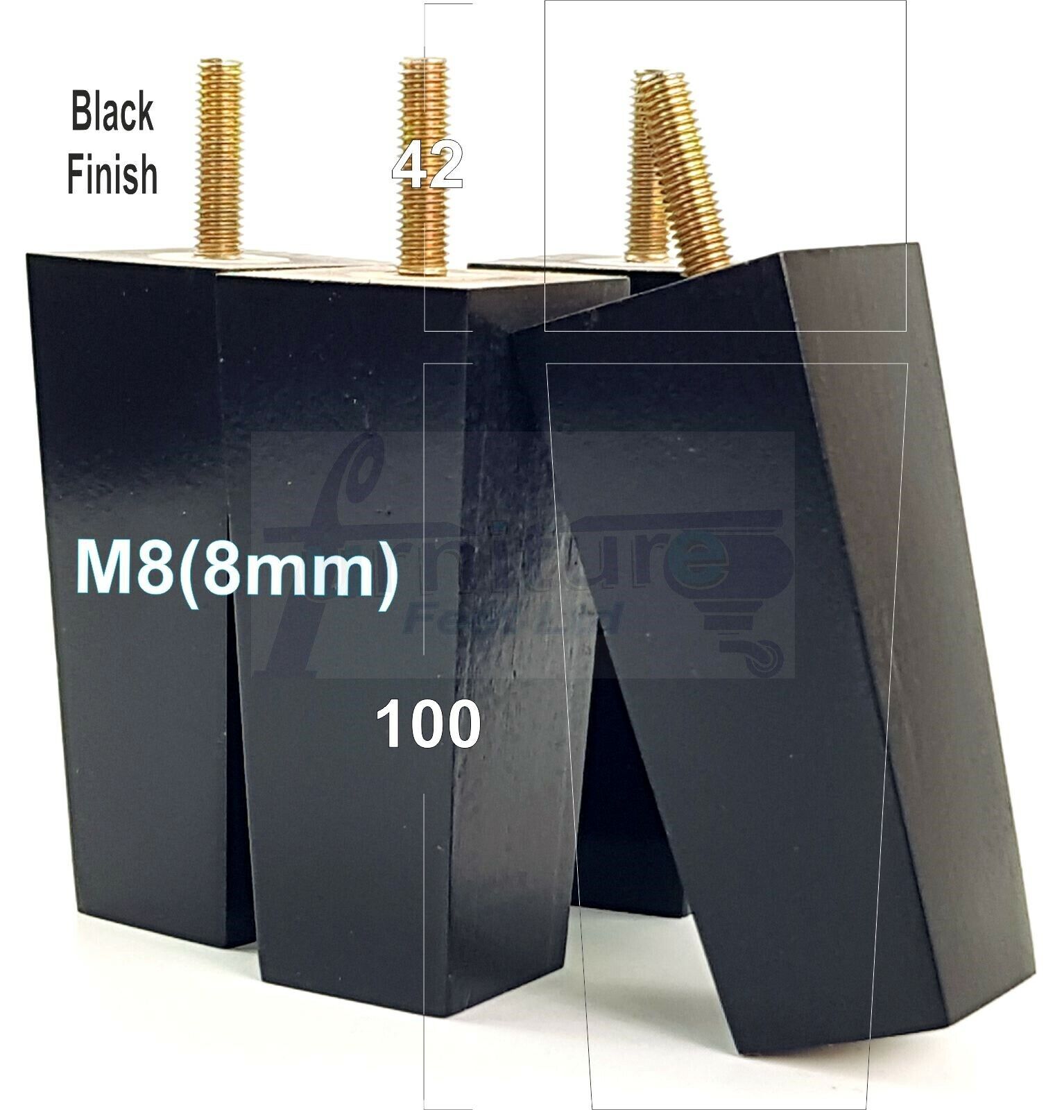 4x Solid Wood Block Furniture Legs Replacement Square Feet 100mm High M8(8mm)