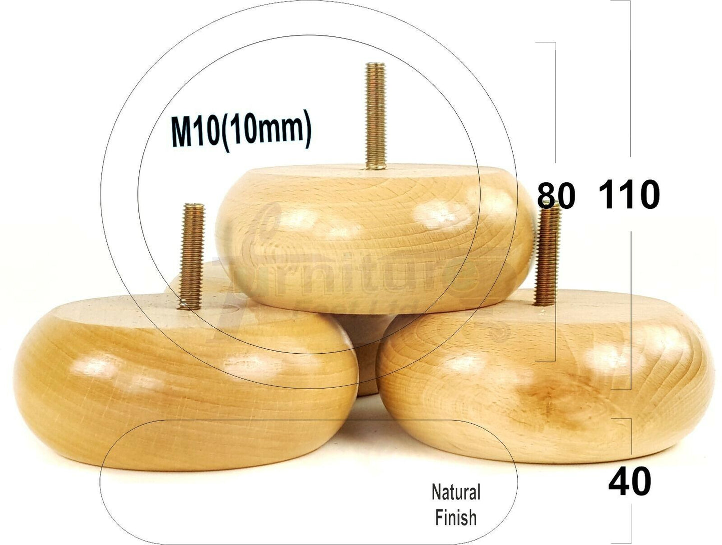 Set Of 4 Turned Wood Furniture Legs Chair Sofa Bed Replacement Bun Feet 40mm High M10 Thread