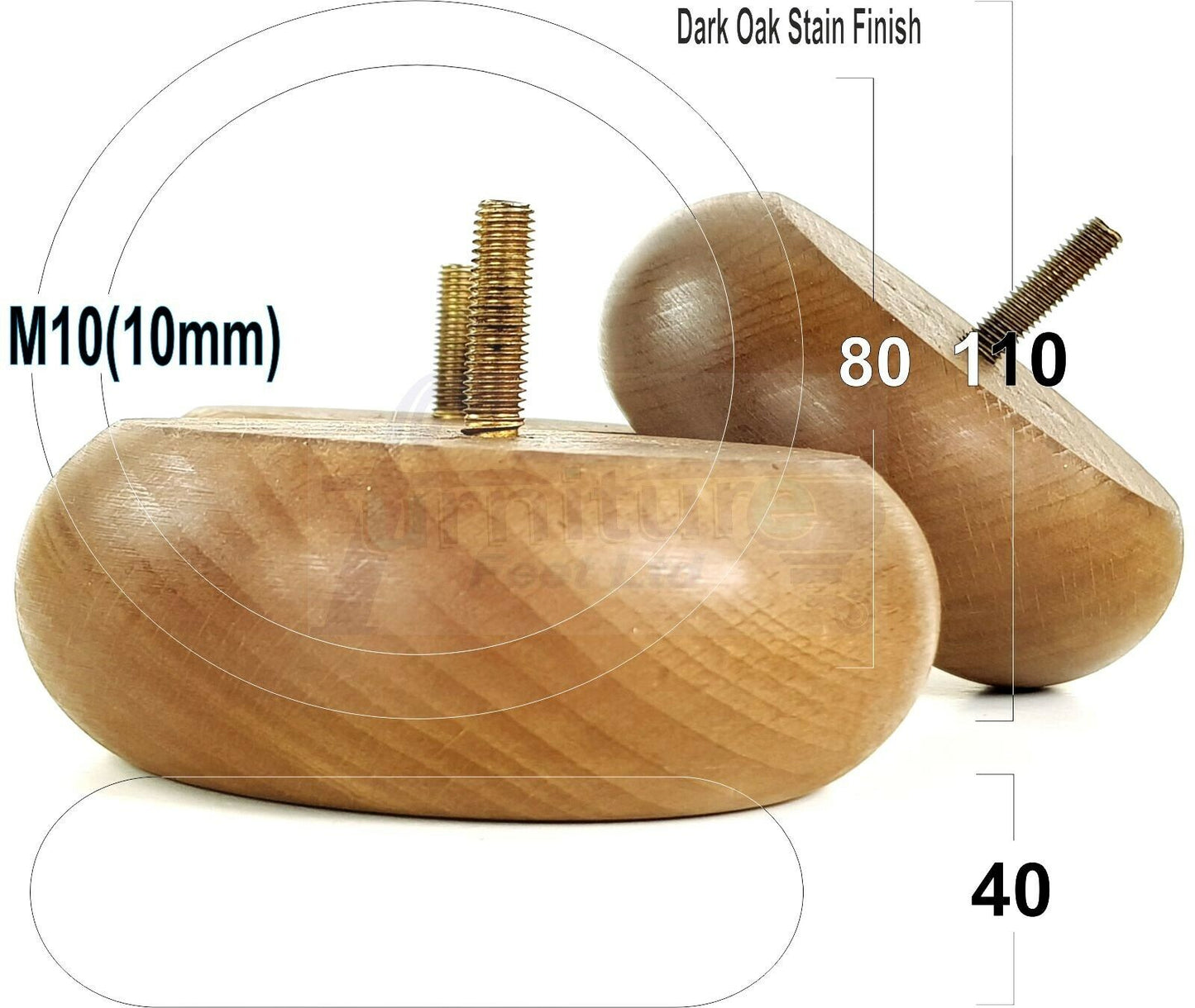 Set Of 4 Turned Wood Furniture Legs Chair Sofa Bed Replacement Bun Feet 40mm High M10 Thread