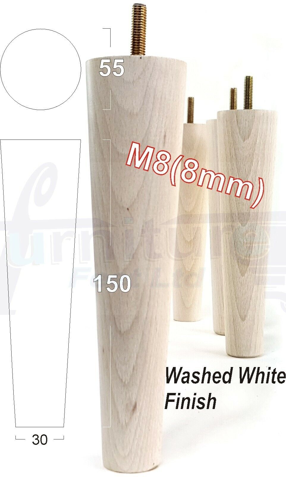 Modern Turned Solid Wood Furniture Feet 150mm High Mid Century Retro Tapered Replacement Legs M8 Set of 4 Sofa Chairs Stools Cabinets Beds