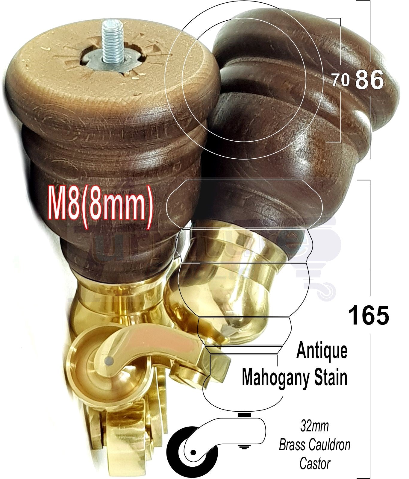 4 Turned Wood Furniture Feet With Brass Cauldron Castors 160mm Legs Sofas Chairs Stools Cabinets Beds M8 6 Inches