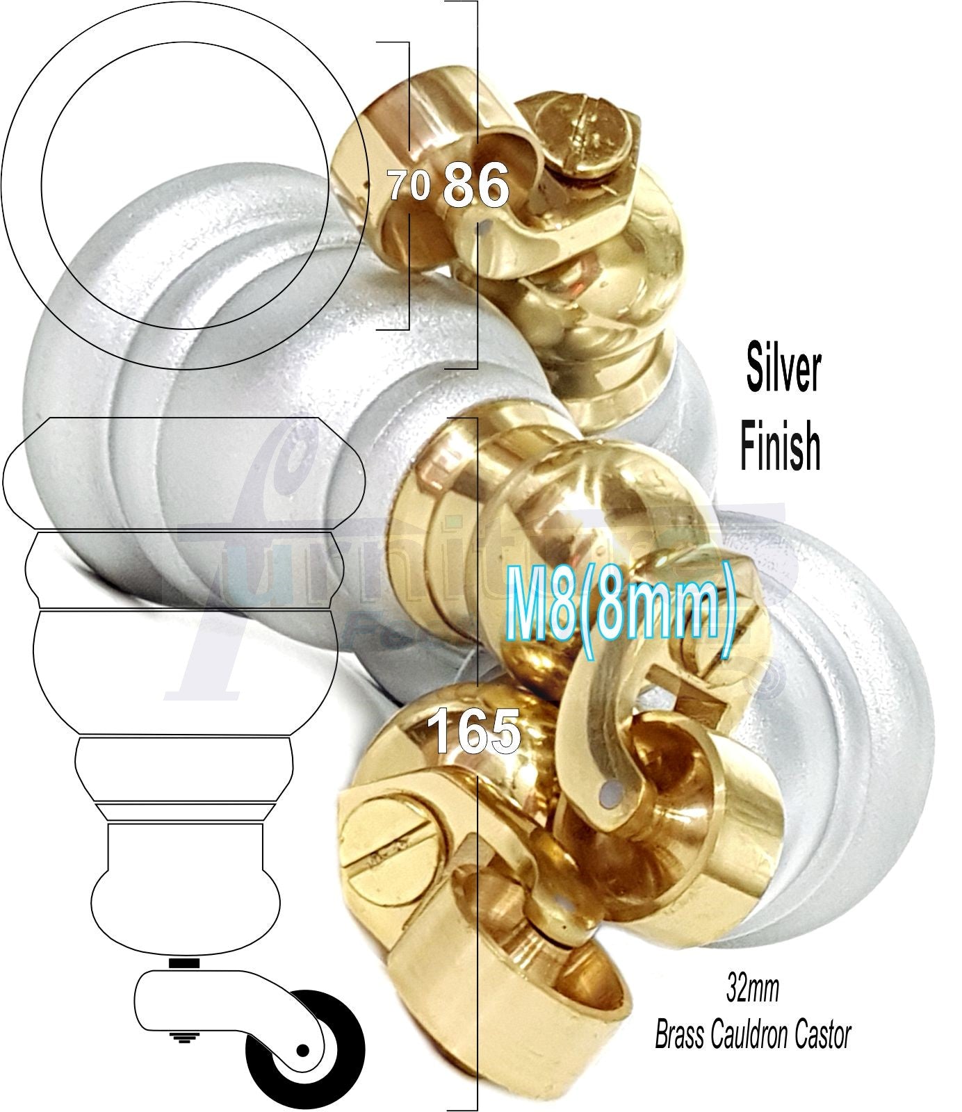 4 Turned Wood Furniture Feet With Brass Cauldron Castors 160mm Legs Sofas Chairs Stools Cabinets Beds M8 6 Inches
