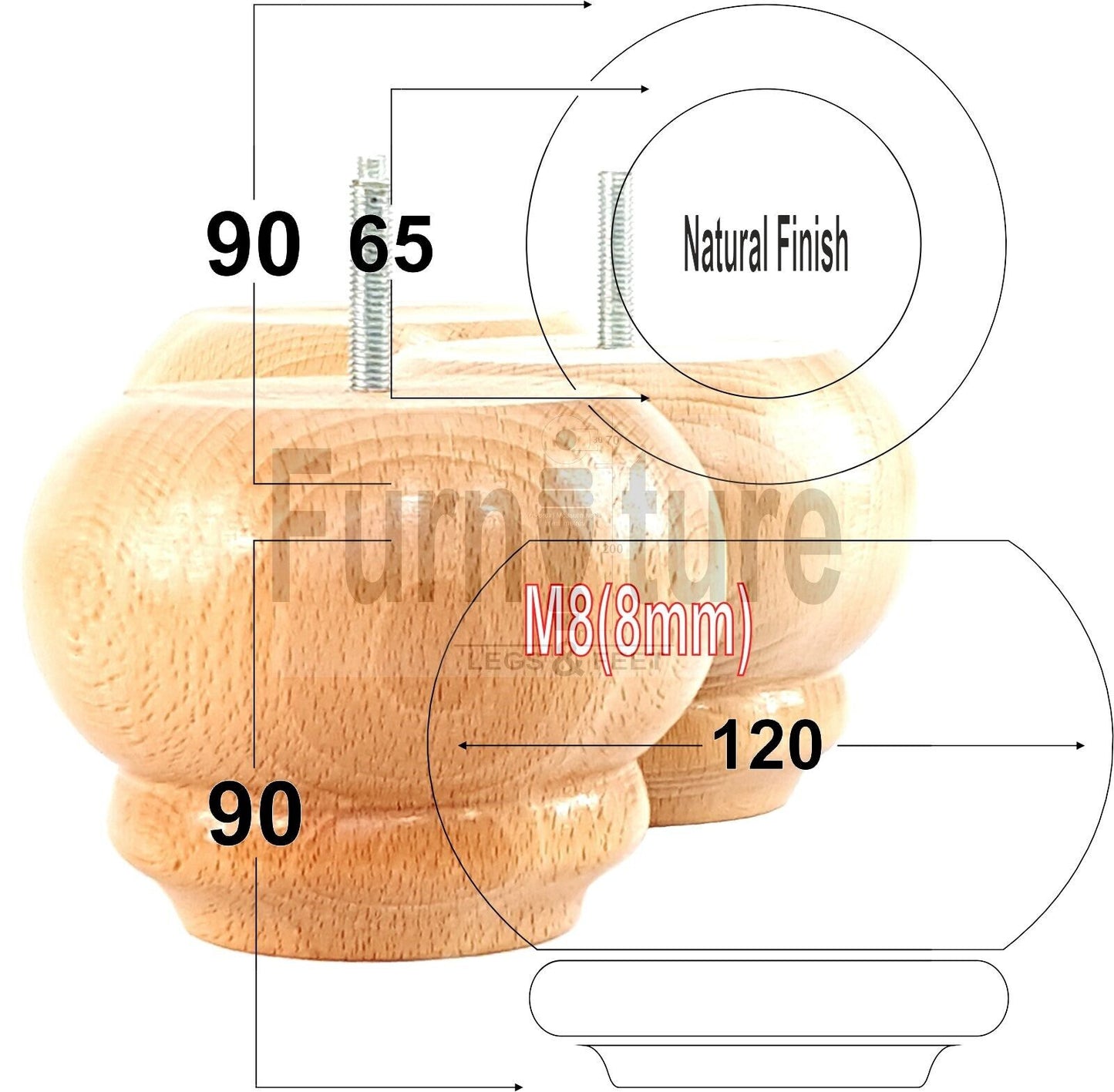 Set Of 4 Turned Wooden Furniture Legs Replacement Feet 90mm High 8mm Thread