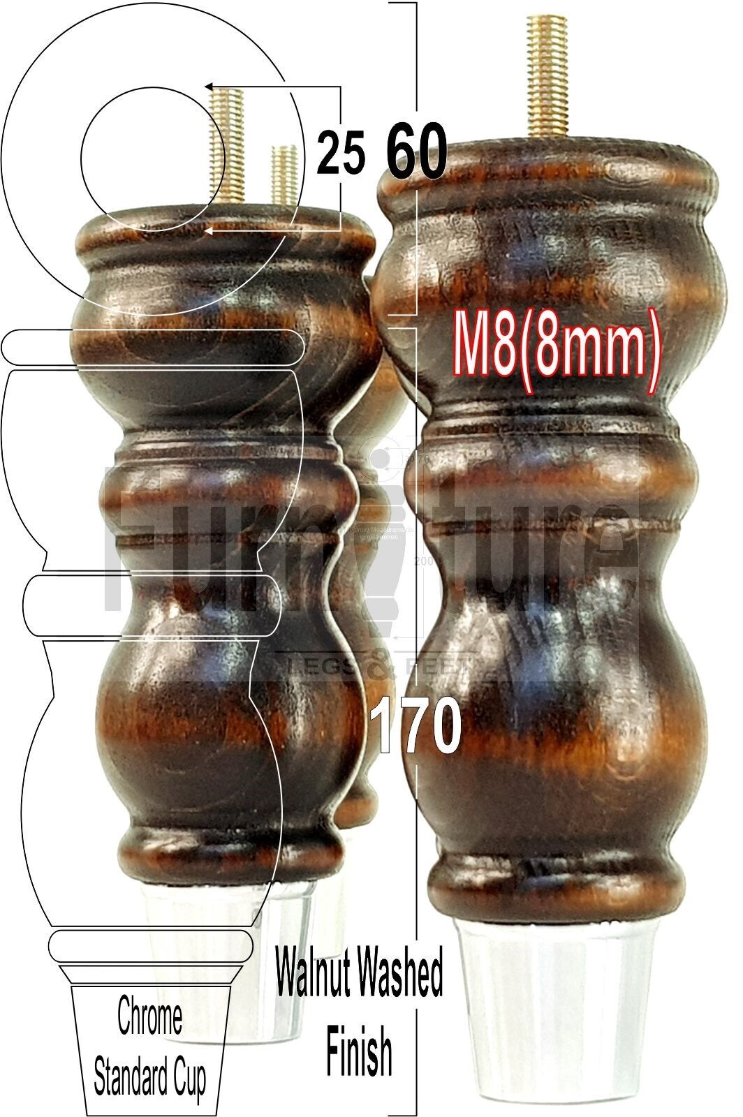 4x Furniture Feet With Slipper Cup 175mm High Legs Dark Walnut Finish Wood M8 Sofas Chairs Cabinets