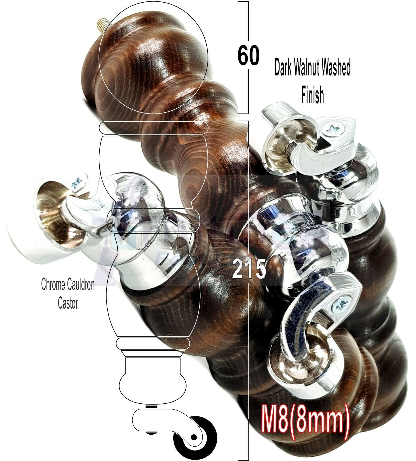 4x Furniture Feet With Castor 205mm High Legs Walnut Wood Finish M8 Sofas Chairs Stools Cabinets 8 Inches Tall