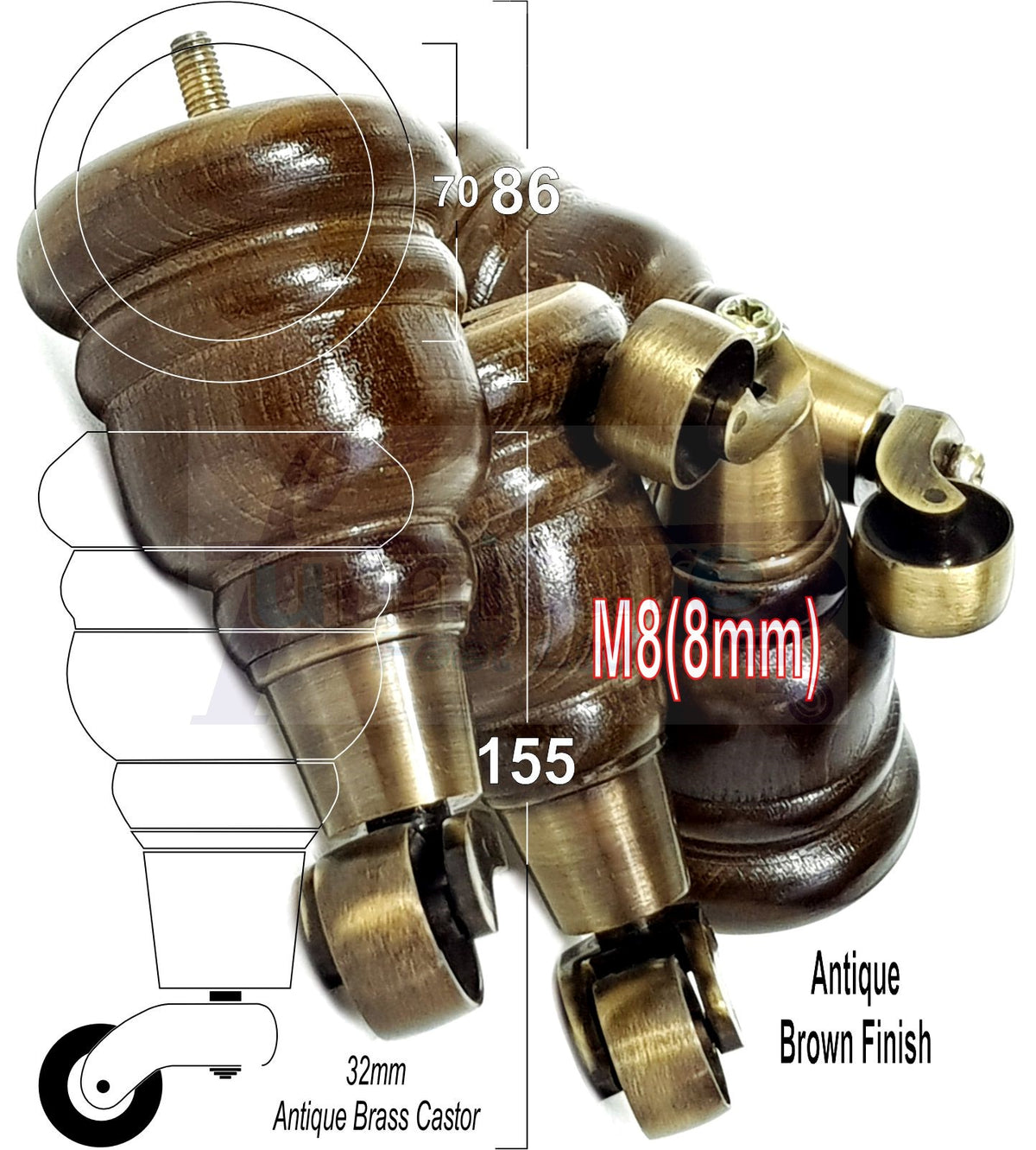 4 Wooden Replacement Furniture Legs with Castor Feet 155mm 6 Inches High M8 Dowl Fixing - Antique Brown