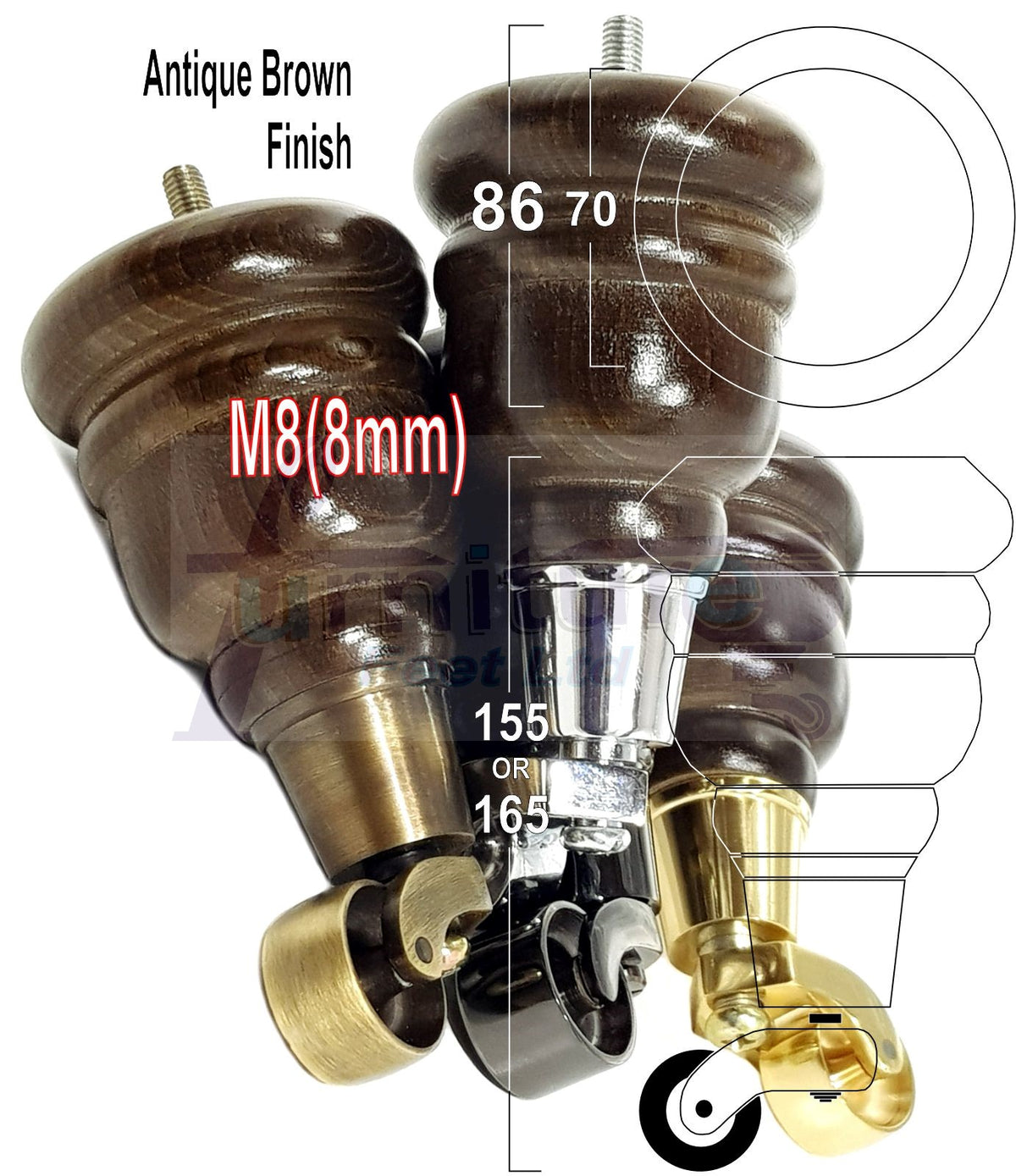 4 Wooden Replacement Furniture Legs with Castor Feet 155mm 6 Inches High M8 Dowl Fixing - Antique Brown