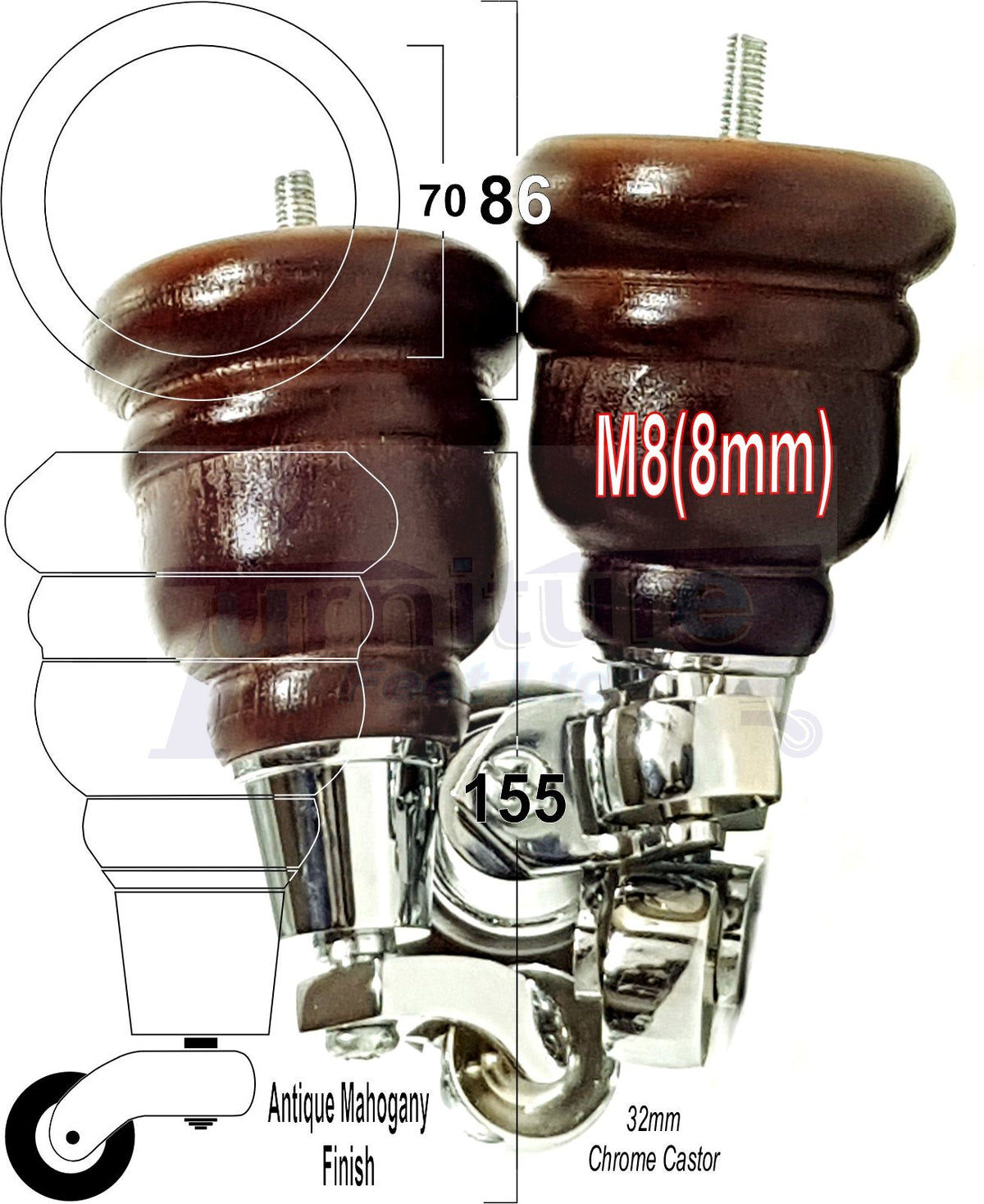 4 Turned Wood Replacement Furniture Legs Castor Feet 155mm High Antique Mahogany M8 Fixing