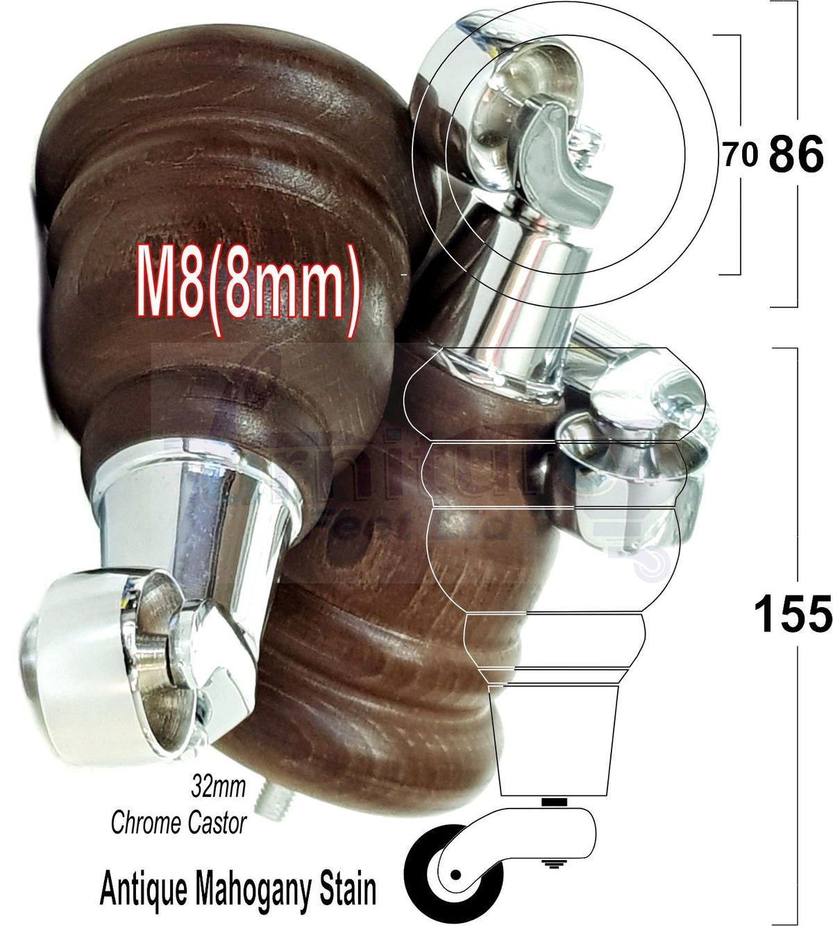 4 Turned Wooden Replacement Furniture Legs with Castors 6 Inch 155mm High Sofa Feet M8 Dowl Fixing - Antique Mahogany Stain