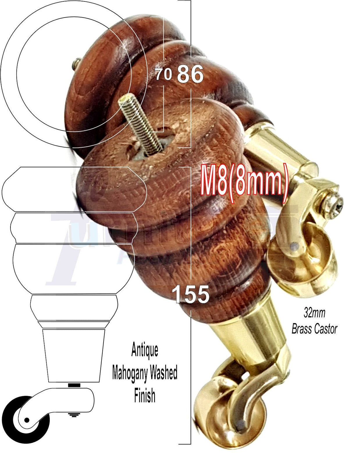 4 Turned Wooden Replacement Furniture Legs with Castors 6 Inch 155mm High Sofa Feet M8 Dowl Fixing - Antique Mahogany Washed