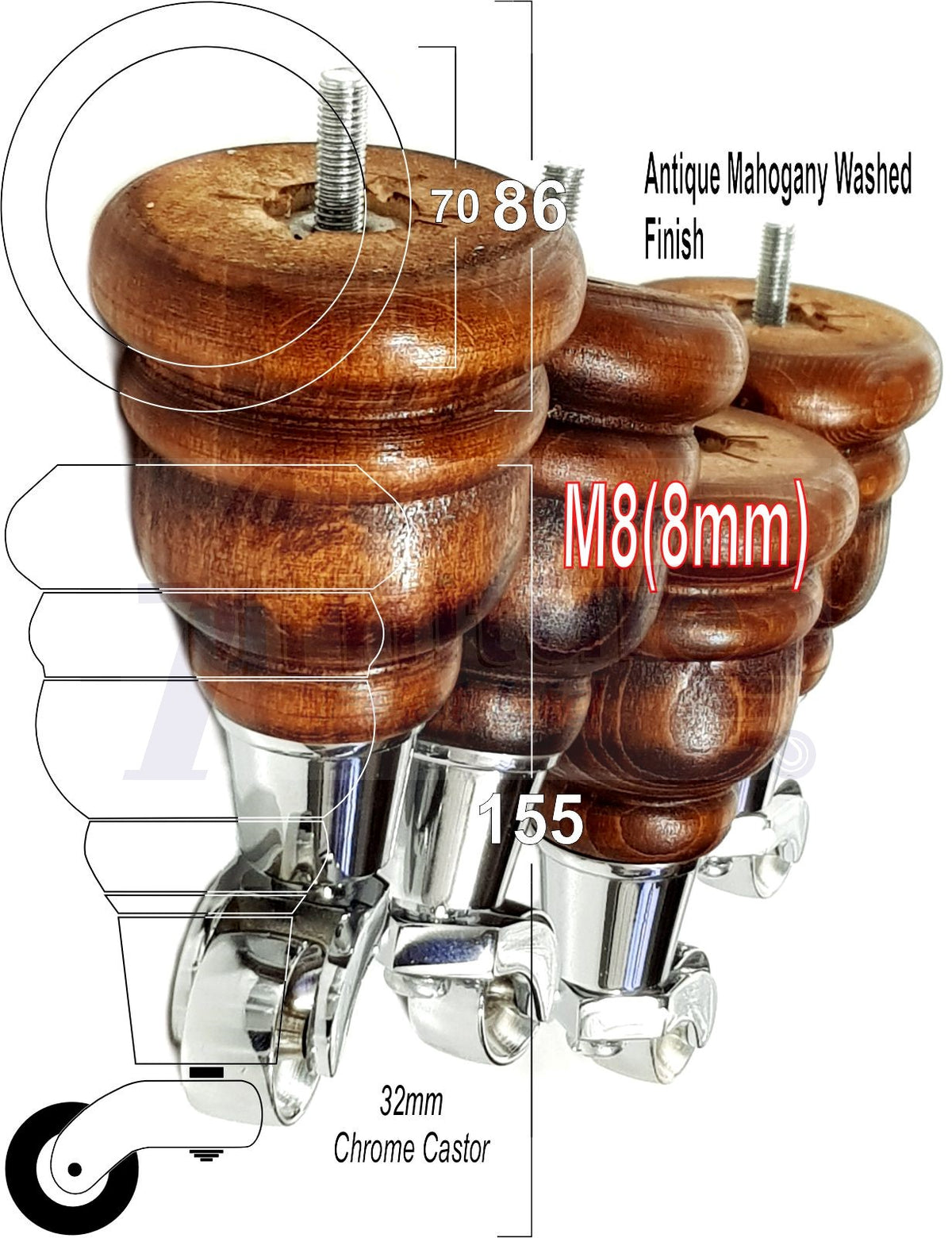4 Turned Wooden Replacement Furniture Legs with Castors 6 Inch 155mm High Sofa Feet M8 Dowl Fixing - Antique Mahogany Washed