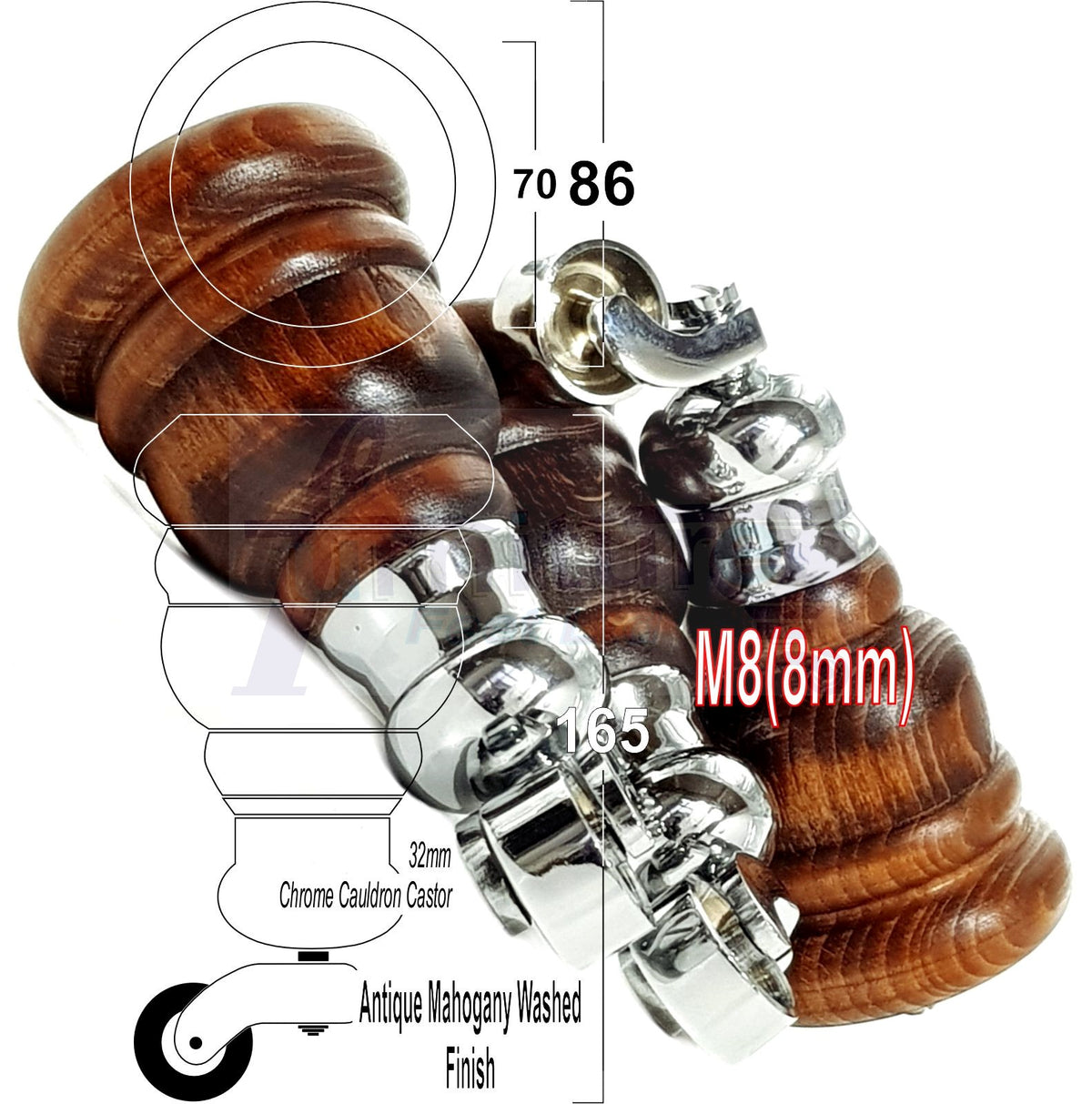 4 Turned Wooden Replacement Furniture Legs with Castors 6 Inch 155mm High Sofa Feet M8 Dowl Fixing - Antique Mahogany Washed