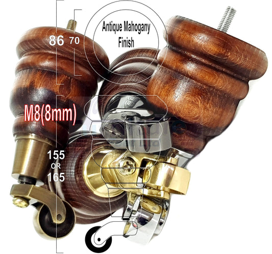 4 Turned Wooden Replacement Furniture Legs with Castors 6 Inch 155mm High Sofa Feet M8 Dowl Fixing - Antique Mahogany Washed