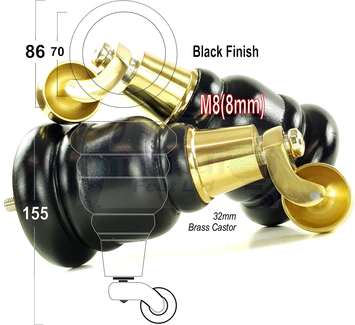 4 Turned Wooden Replacement Furniture Legs with Castors 6 Inch 155mm High Sofa Feet M8 Dowl Fixing - Black Finish
