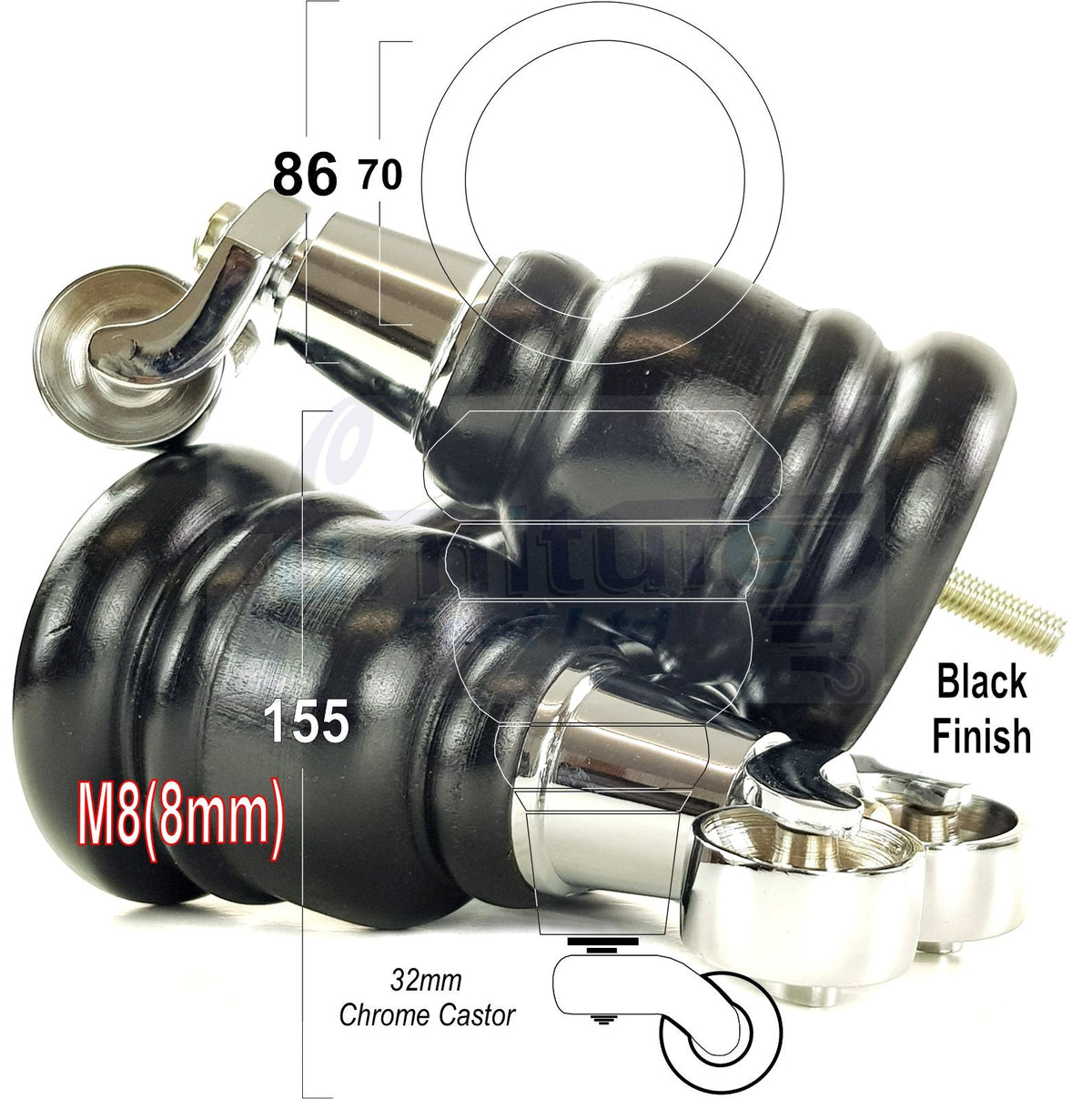 4 Turned Wooden Replacement Furniture Legs with Castors 6 Inch 155mm High Sofa Feet M8 Dowl Fixing - Black Finish
