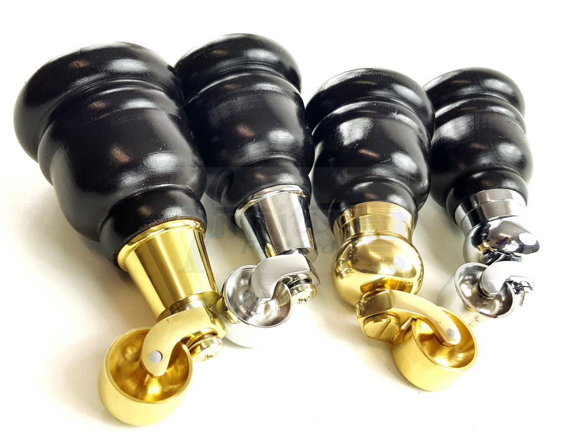 4 Turned Wooden Replacement Furniture Legs with Castors 6 Inch 155mm High Sofa Feet M8 Dowl Fixing - Black Finish