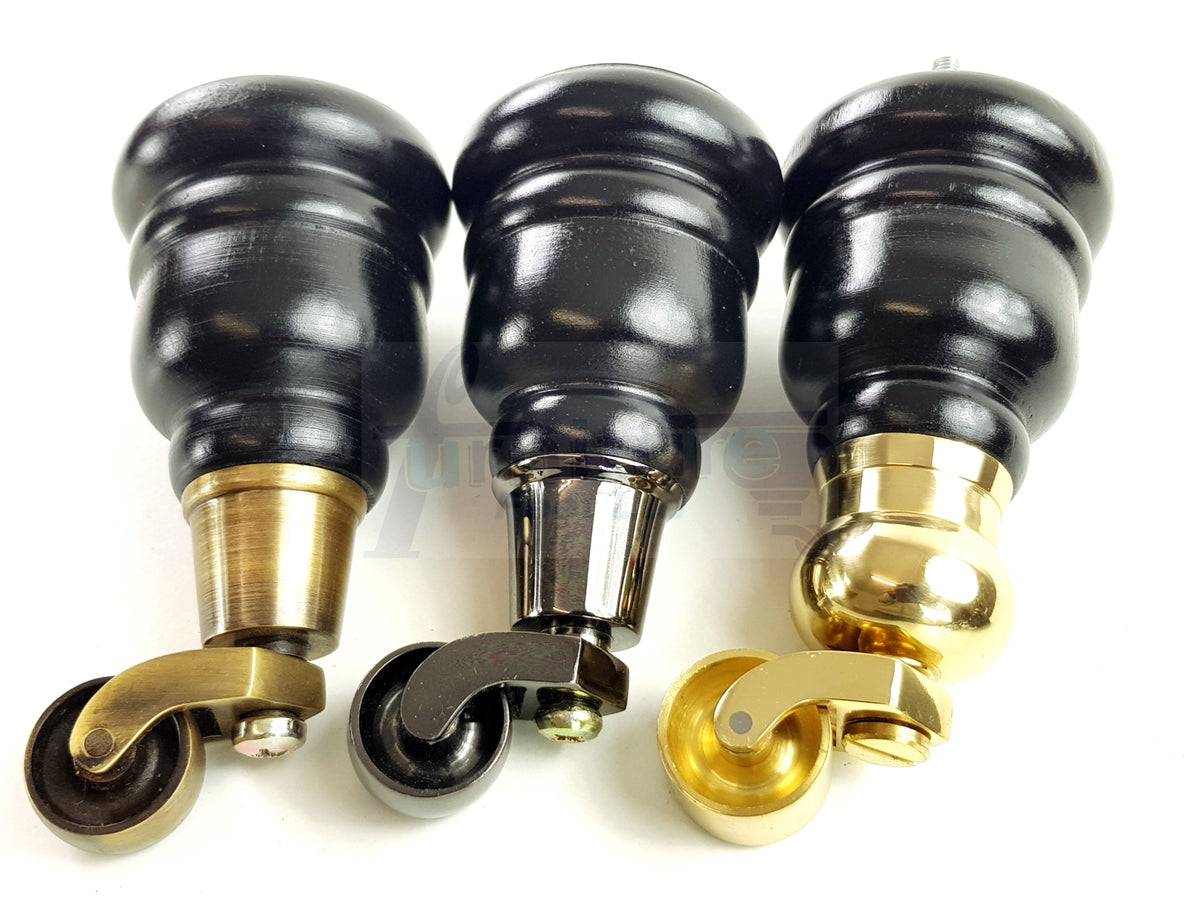 4 Turned Wooden Replacement Furniture Legs with Castors 6 Inch 155mm High Sofa Feet M8 Dowl Fixing - Black Finish