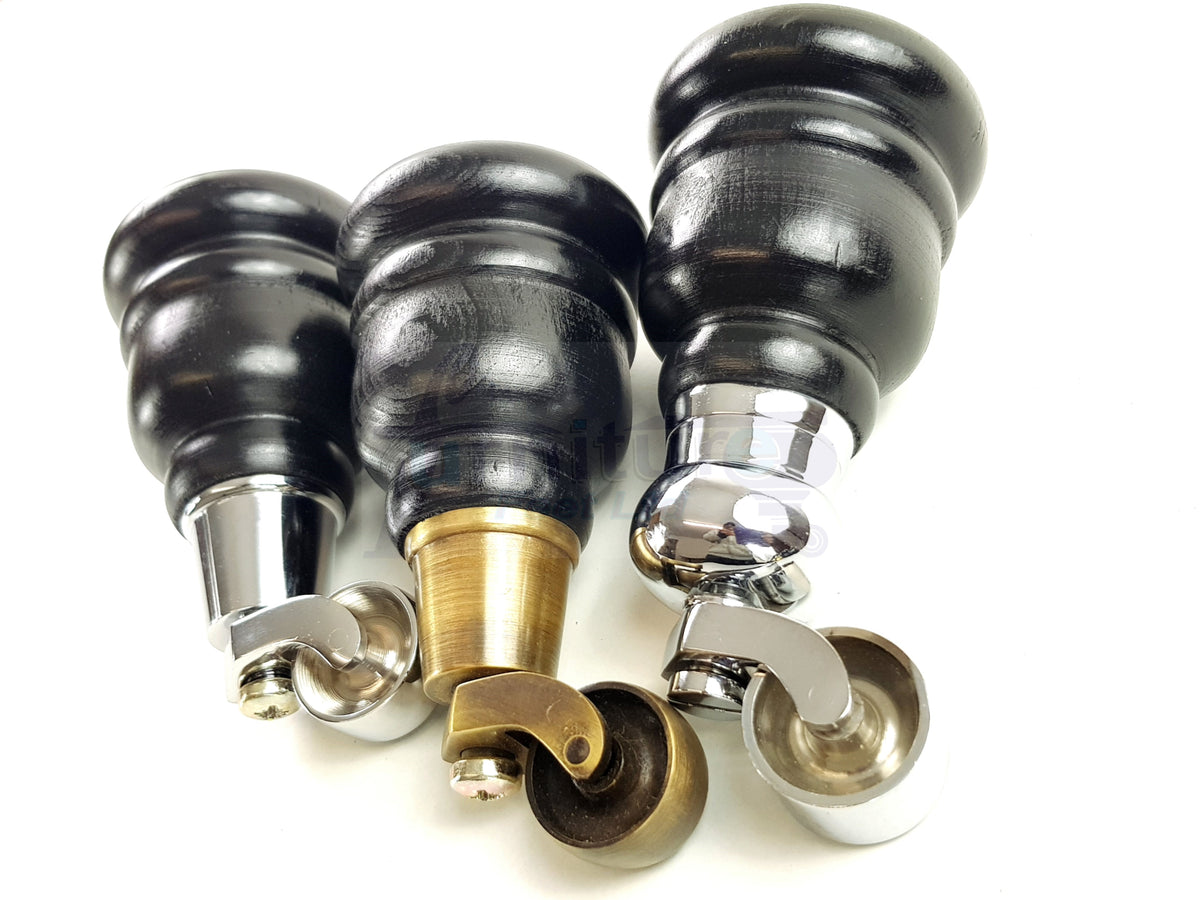 4 Turned Wooden Replacement Furniture Legs with Castors 6 Inch 155mm High Sofa Feet M8 Dowl Fixing - Black Finish