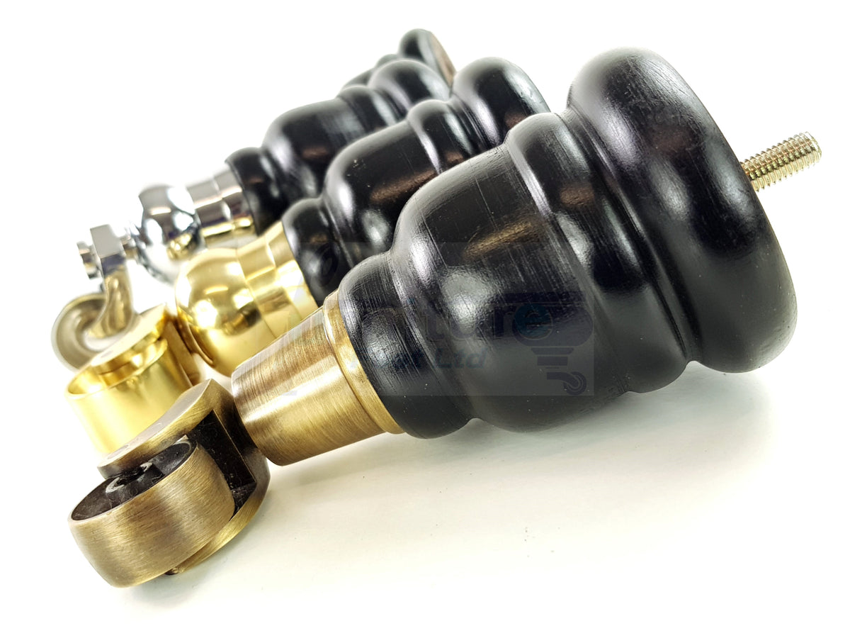 4 Turned Wooden Replacement Furniture Legs with Castors 6 Inch 155mm High Sofa Feet M8 Dowl Fixing - Black Finish