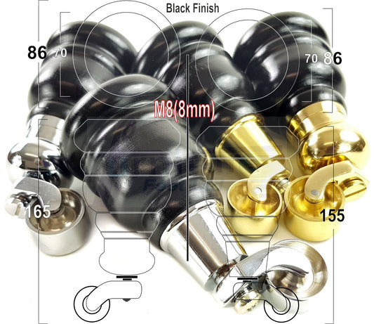 4 Turned Wooden Replacement Furniture Legs with Castors 6 Inch 155mm High Sofa Feet M8 Dowl Fixing - Black Finish