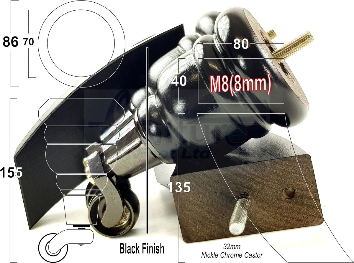 4 Turned Wood Furniture Legs Replacement Sofa Feet 6 Inch 155mm with 2 Curved Back Legs M8 Dowl Fitting - Black