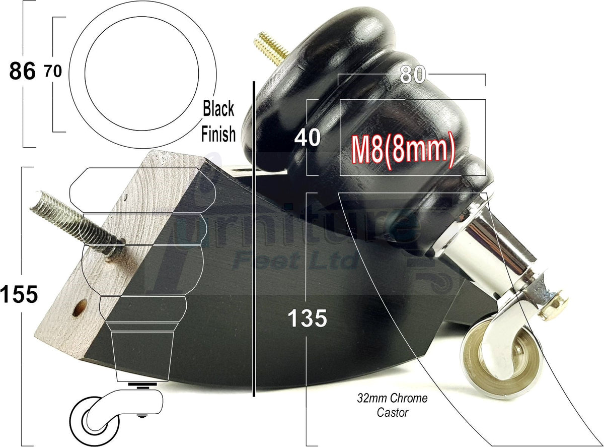 4 Turned Wood Furniture Legs Replacement Sofa Feet 6 Inch 155mm with 2 Curved Back Legs M8 Dowl Fitting - Black