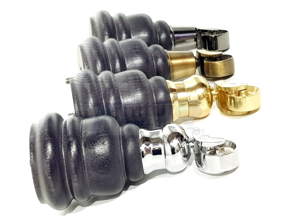 4 Turned Wooden Replacement Furniture Legs with Castors 6 Inch 155mm High Sofa Feet M8 Dowl Fixing - Charcoal Finish