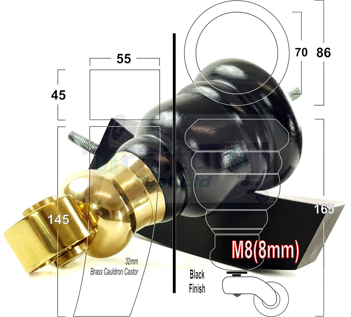 Turned Wood Furniture Legs 2 with Castors 155mm and 2 Curved Back Legs Replacement Sofas Feet M8 Fitting 6 Inches - Black Finish