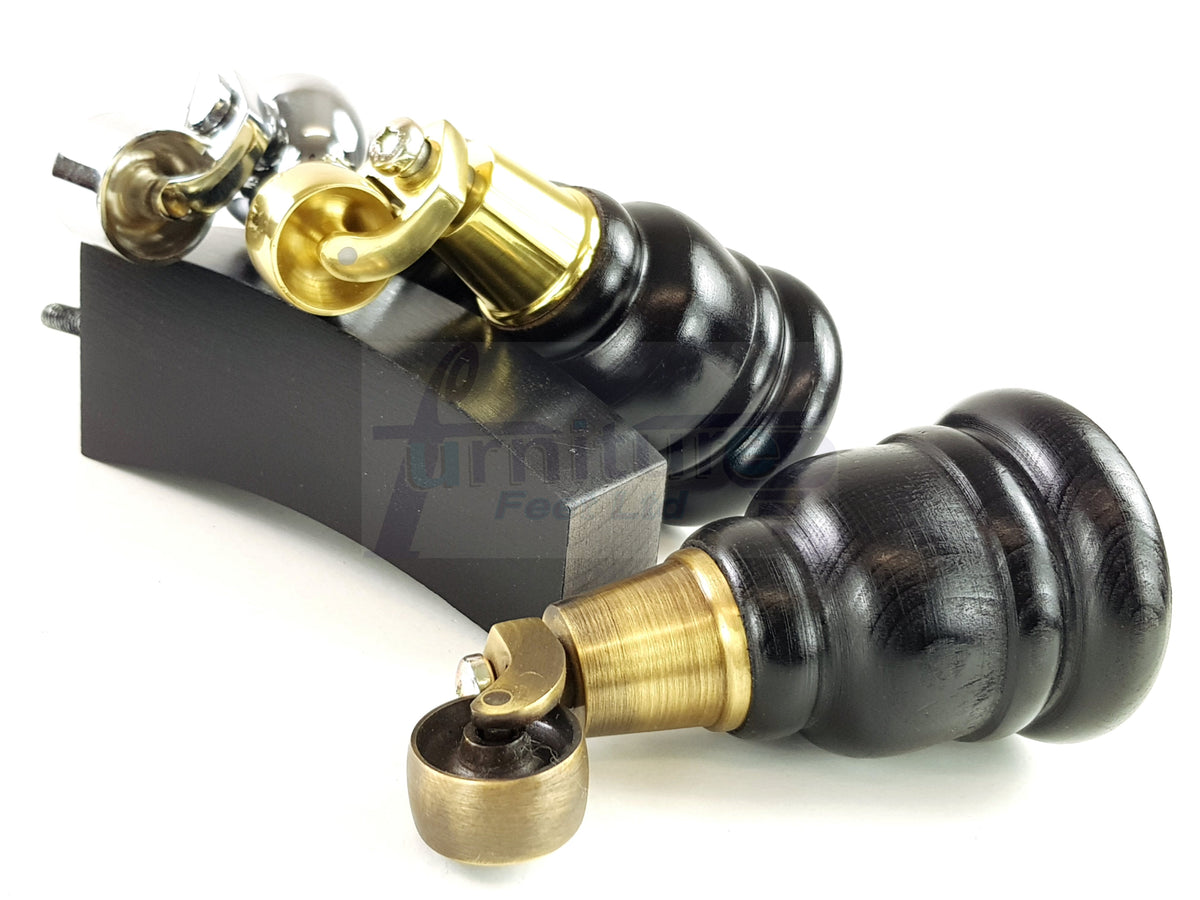 Turned Wood Furniture Legs 2 with Castors 155mm and 2 Curved Back Legs Replacement Sofas Feet M8 Fitting 6 Inches - Black Finish